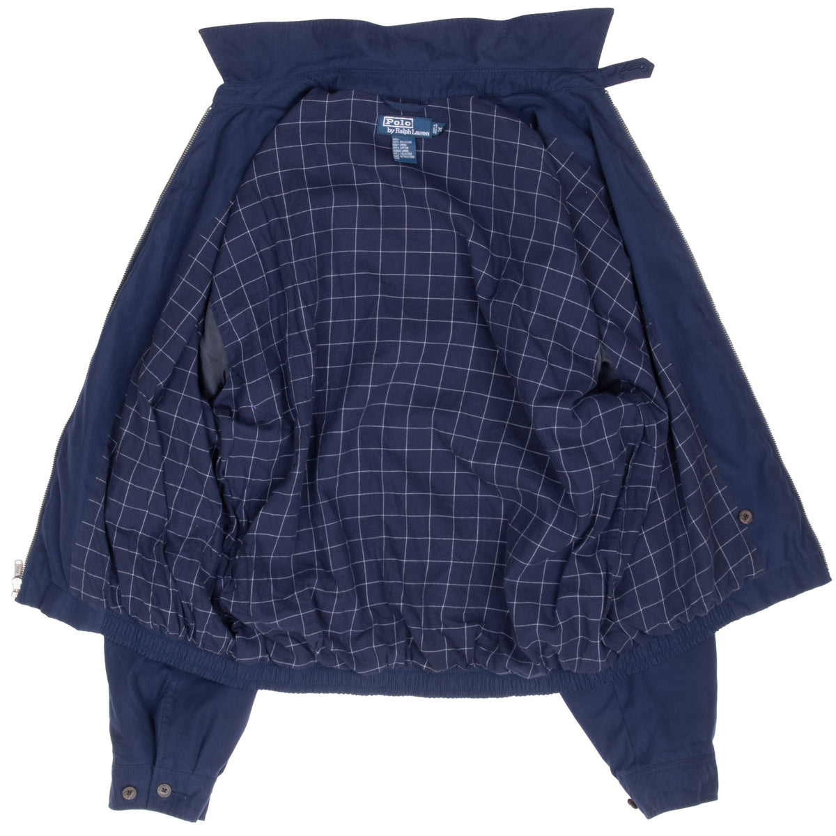Open Polo Ralph Lauren jacket showing navy windowpane lining and interior pockets