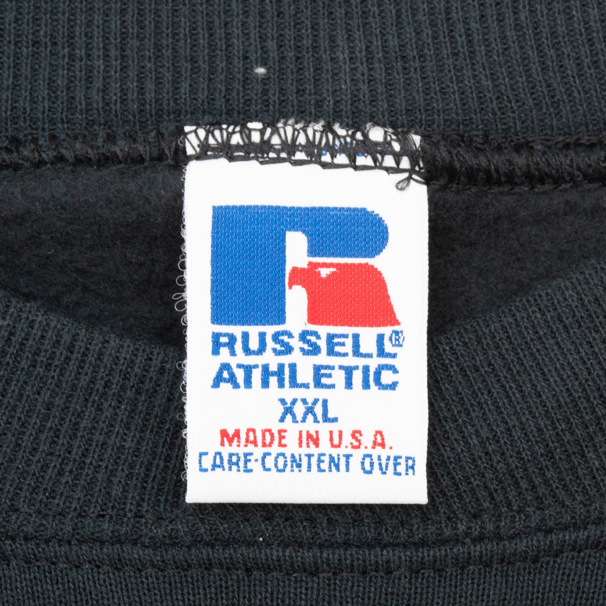 Russell Athletic XXL Made in USA neck label on black sweatshirt