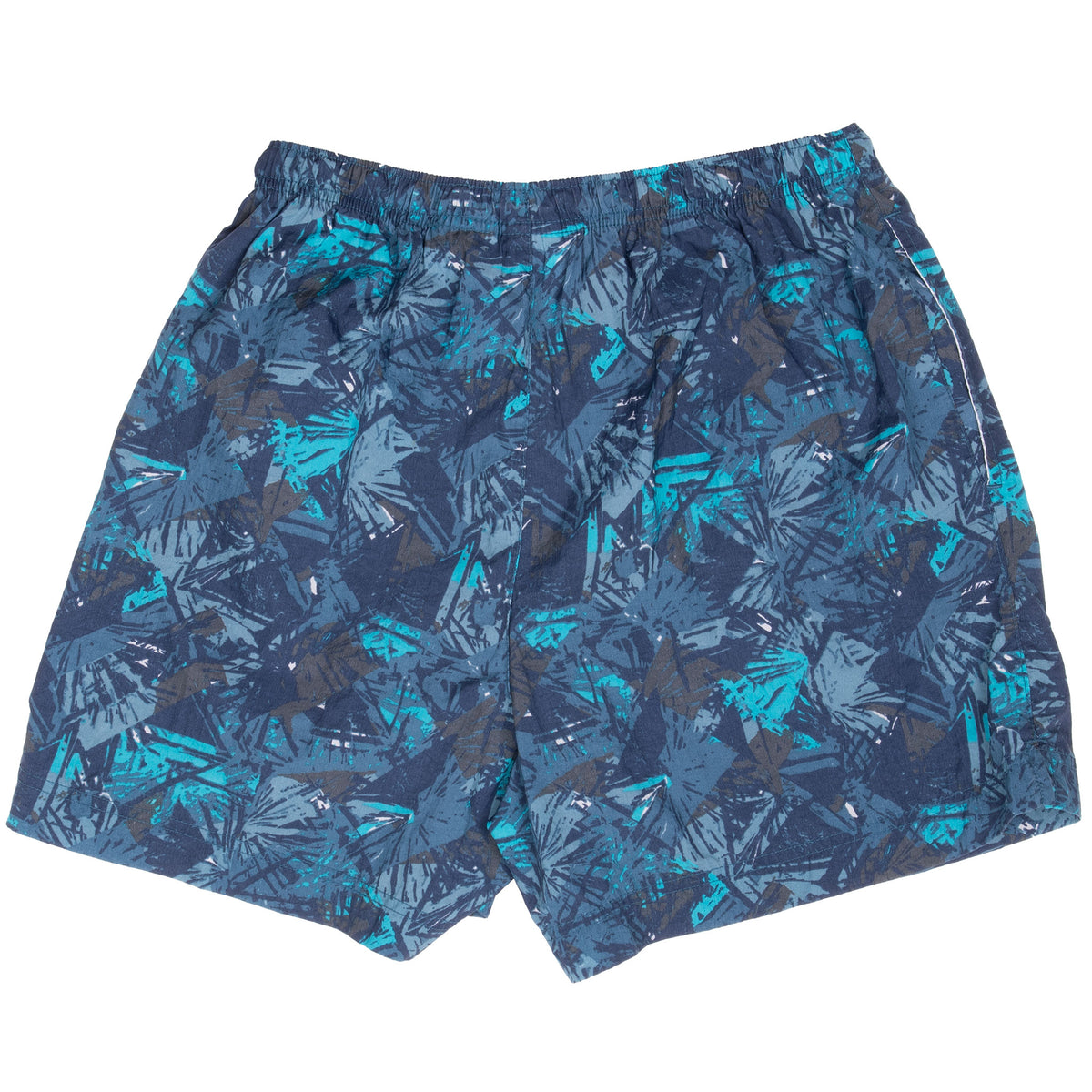 Back of Nike swim shorts with blue and teal leaf print and elastic waist