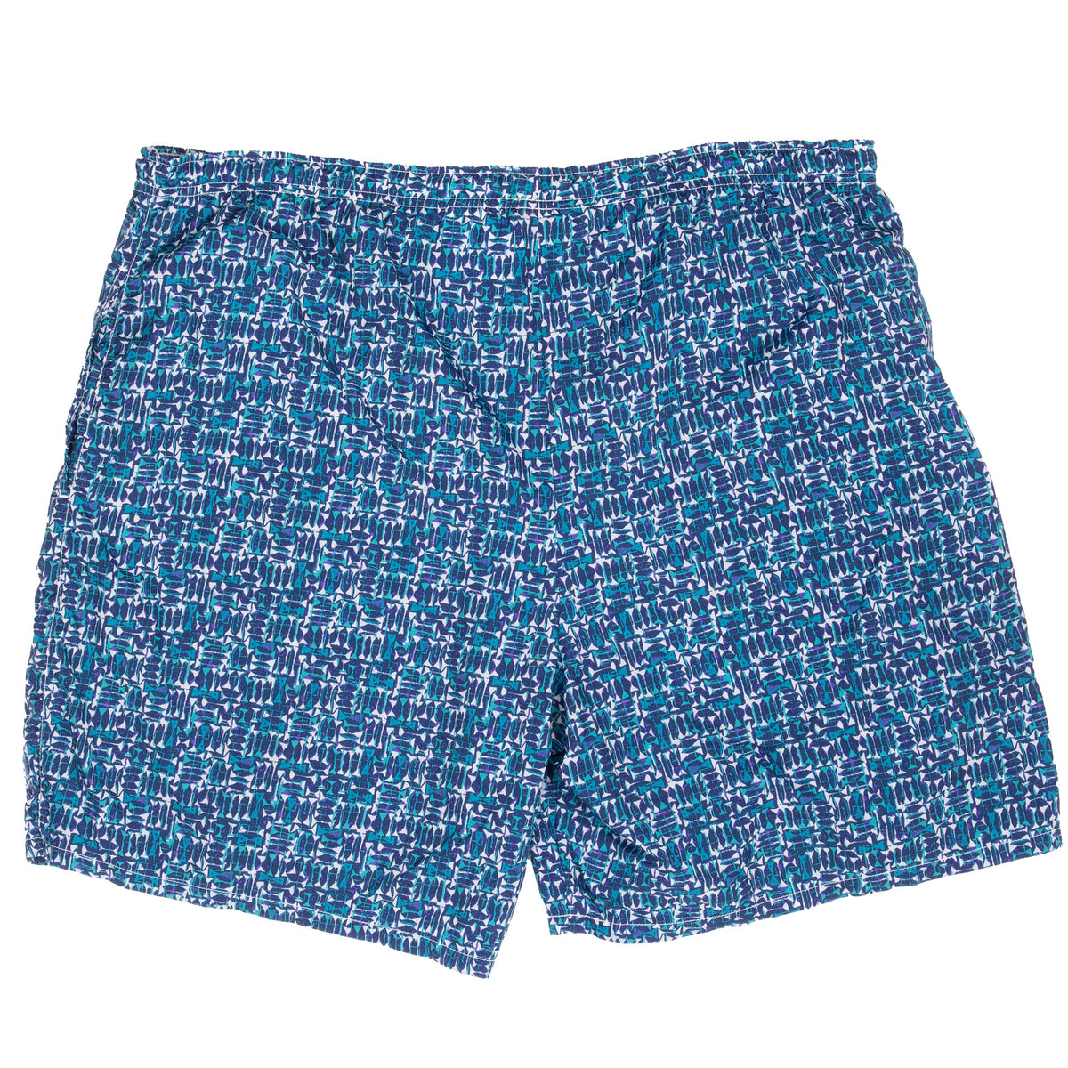 Back of blue patterned Nike swim shorts with elastic waistband