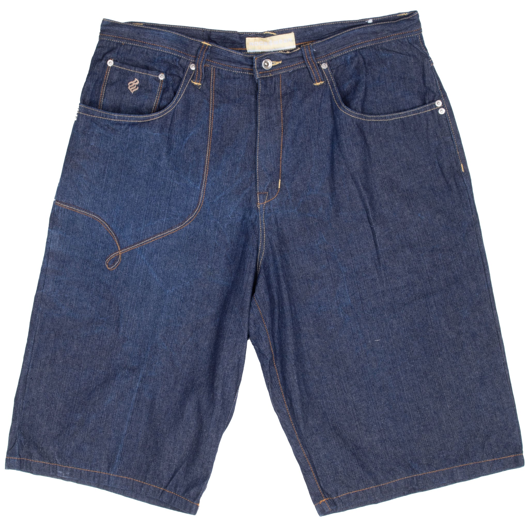 Front of Roca Wear baggy blue denim shorts with contrast stitching