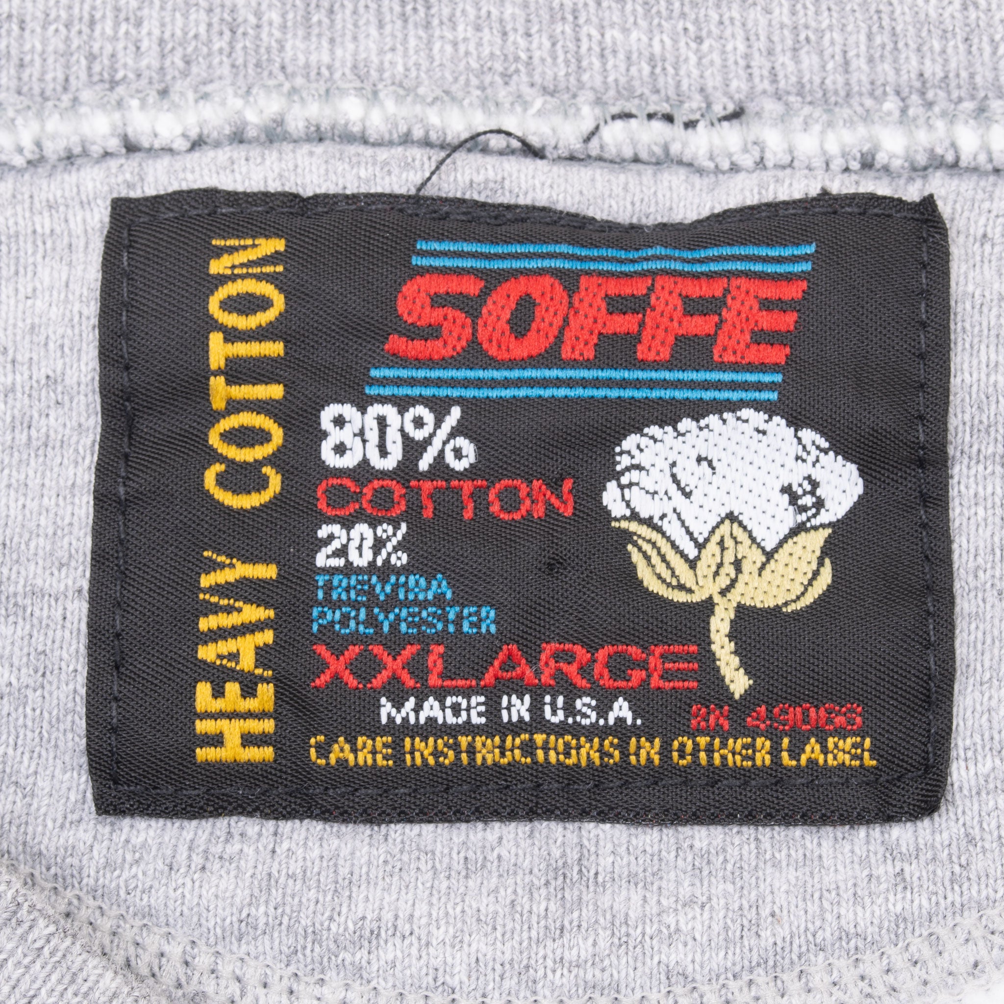 Soffe Heavy Cotton neck label showing XXL and fabric blend details