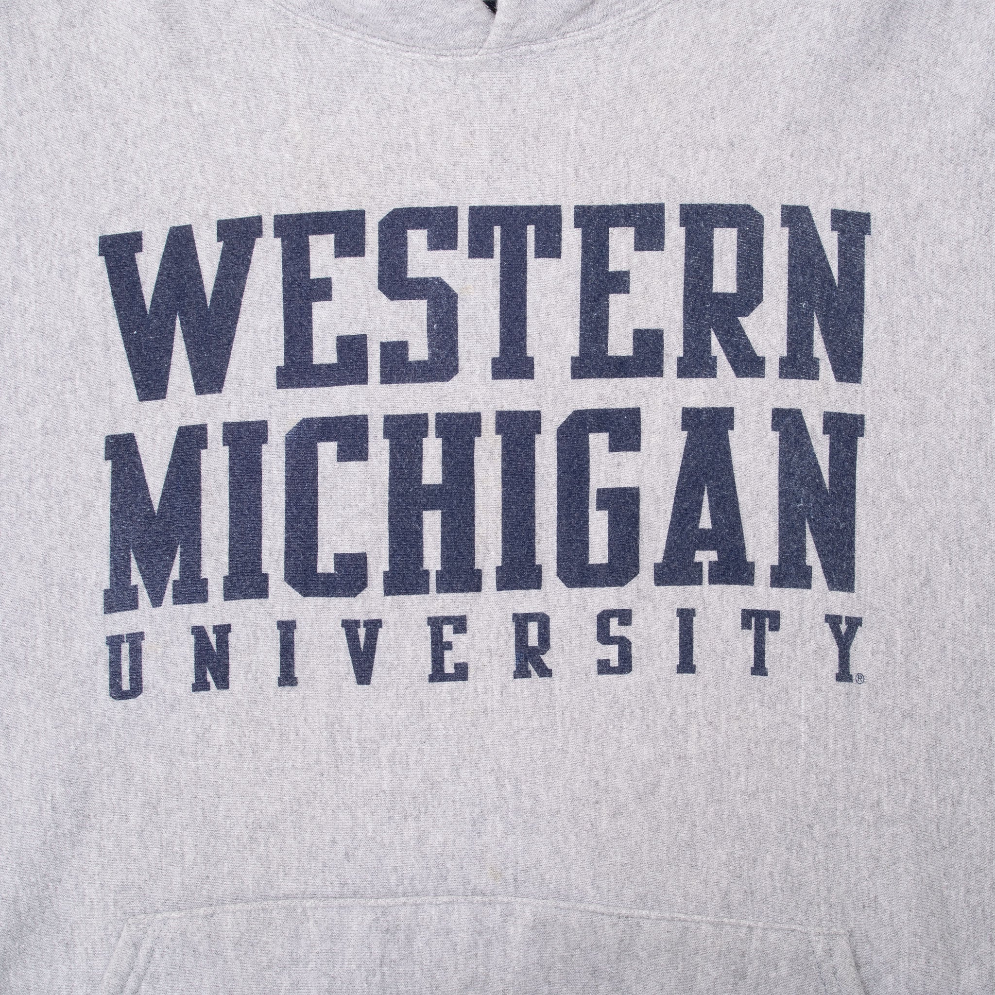 Close-up of navy Western Michigan University front print on gray hoodie
