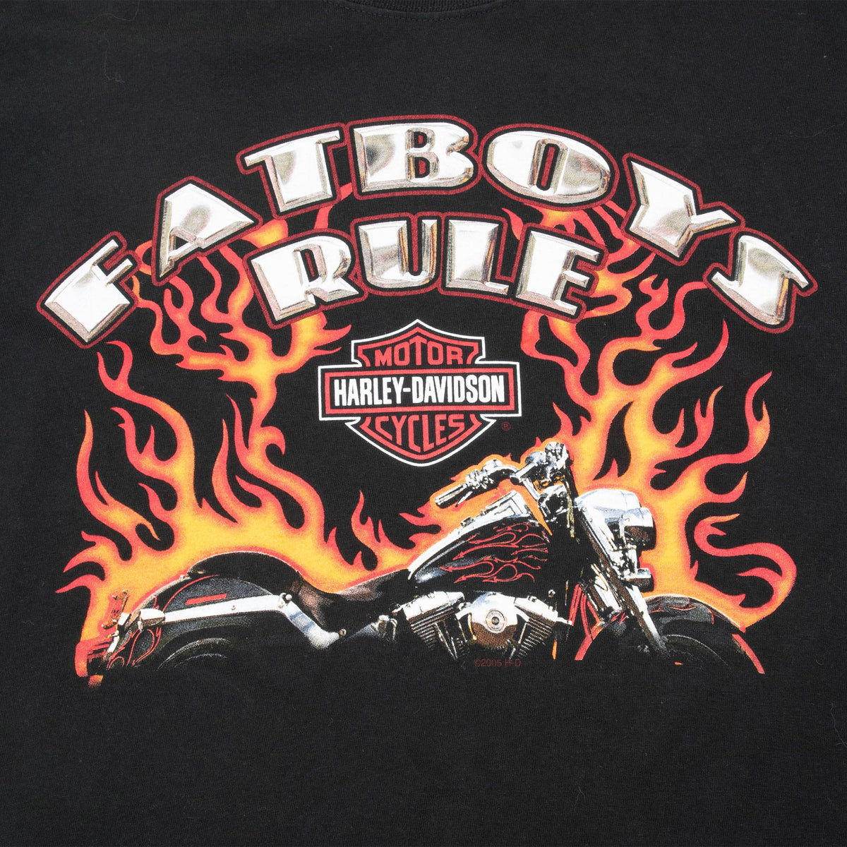 Close-up of Fatboy'n Rule Harley-Davidson motorcycle and flame front print
