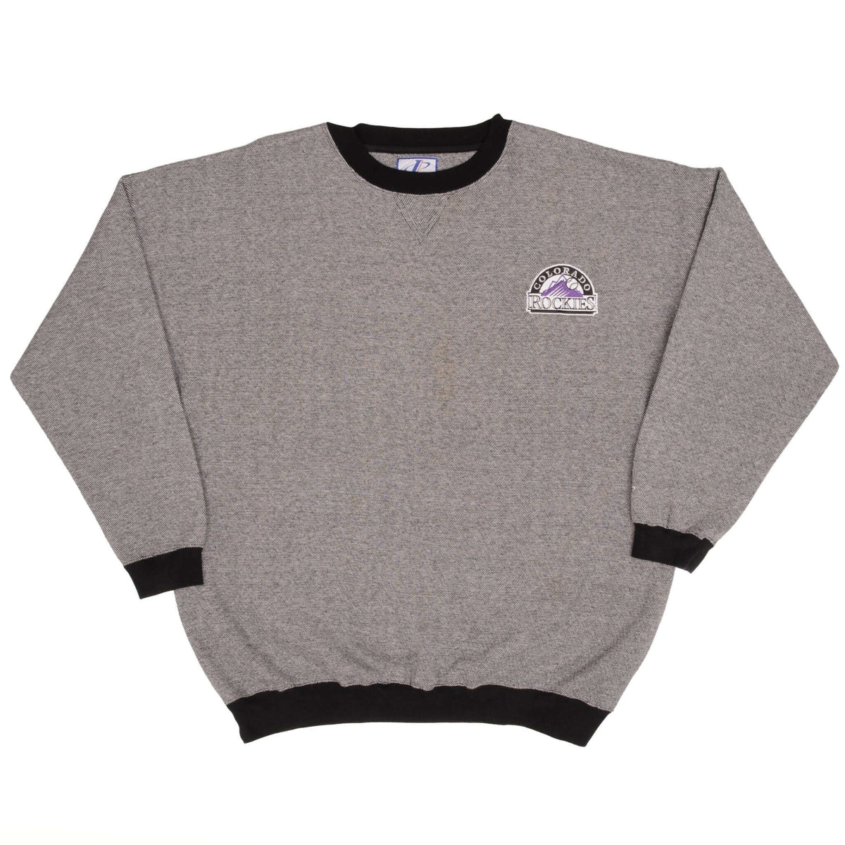 Full front of gray Colorado Rockies sweatshirt with black collar, cuffs, and hem