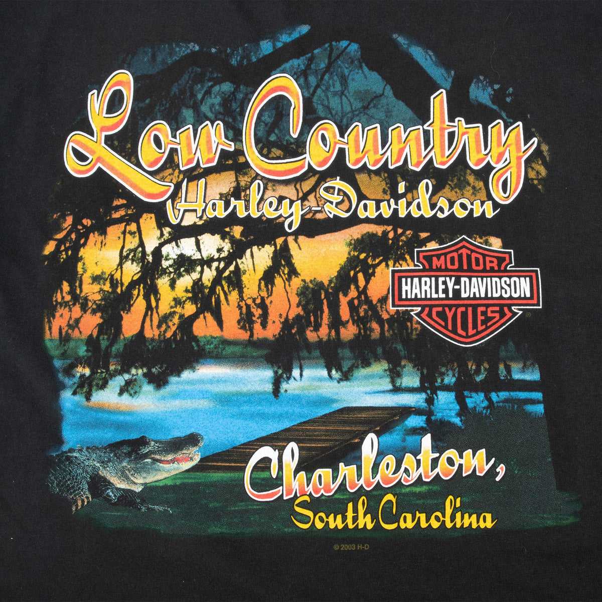 Close-up of Low Country Harley-Davidson Charleston waterfront and alligator back print