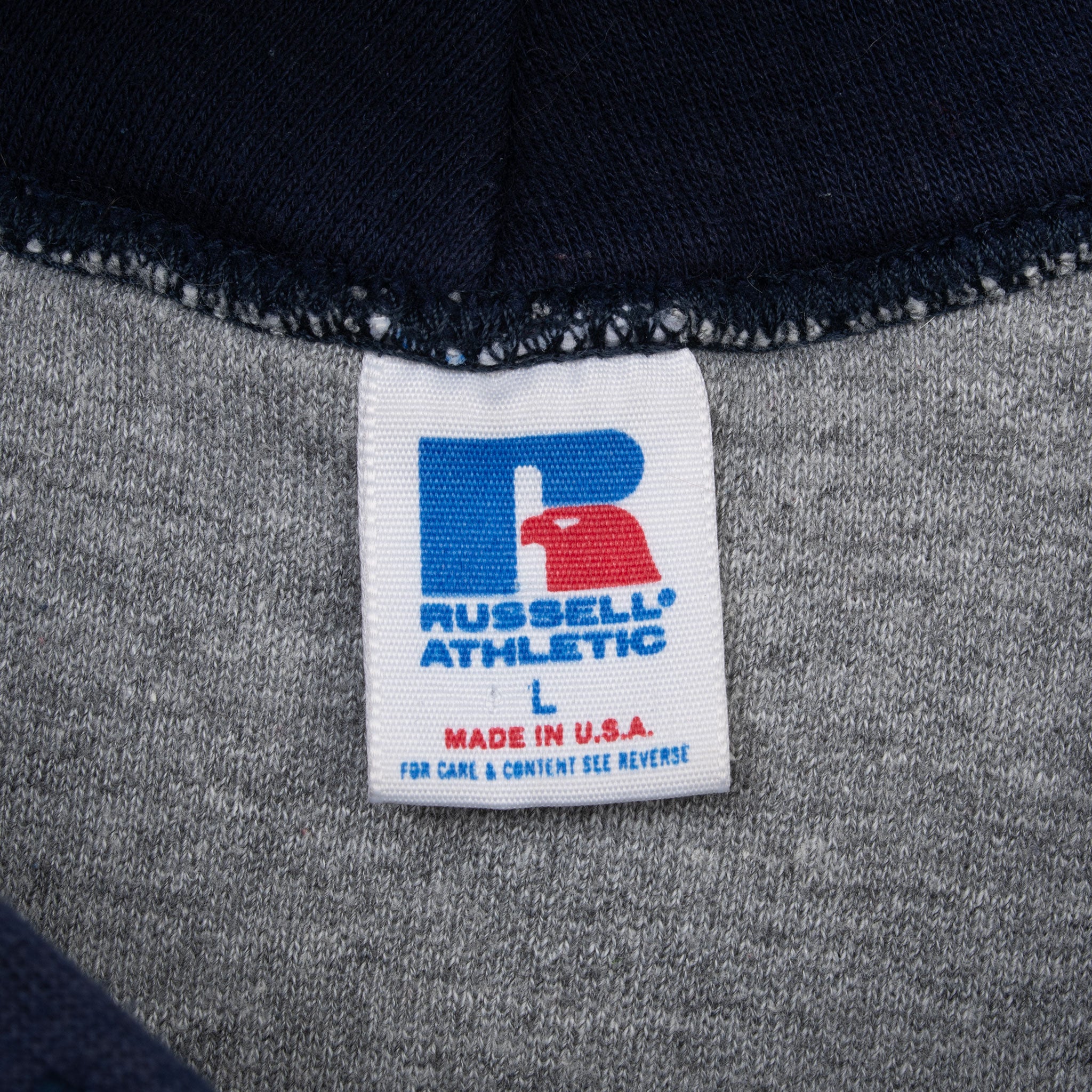Russell Athletic neck label marked size L and Made in U.S.A.