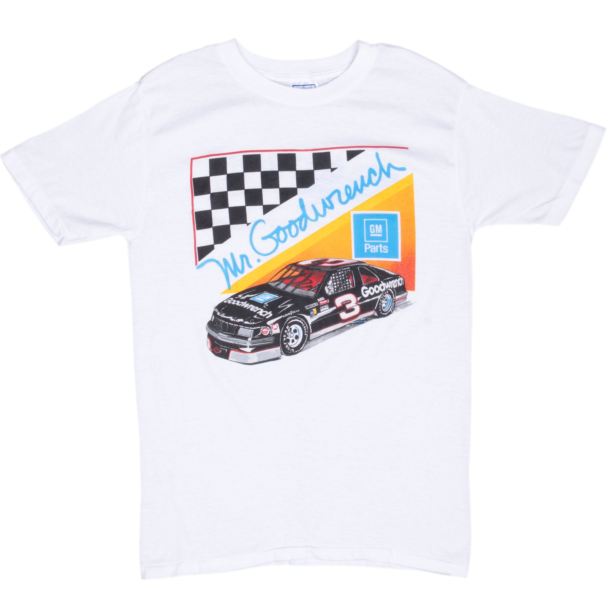 Full front view of white Dale Earnhardt T-shirt with #3 Goodwrench race car and GM Parts graphic