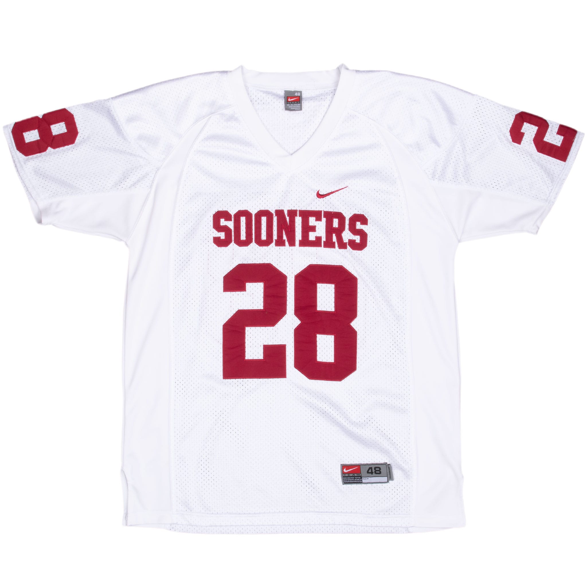 Front of white Nike Oklahoma Sooners football jersey with crimson number 28