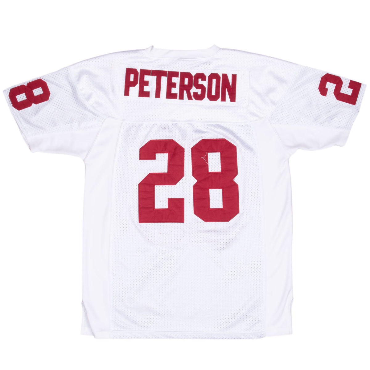 Back of white Oklahoma Sooners jersey with Peterson name and crimson number 28