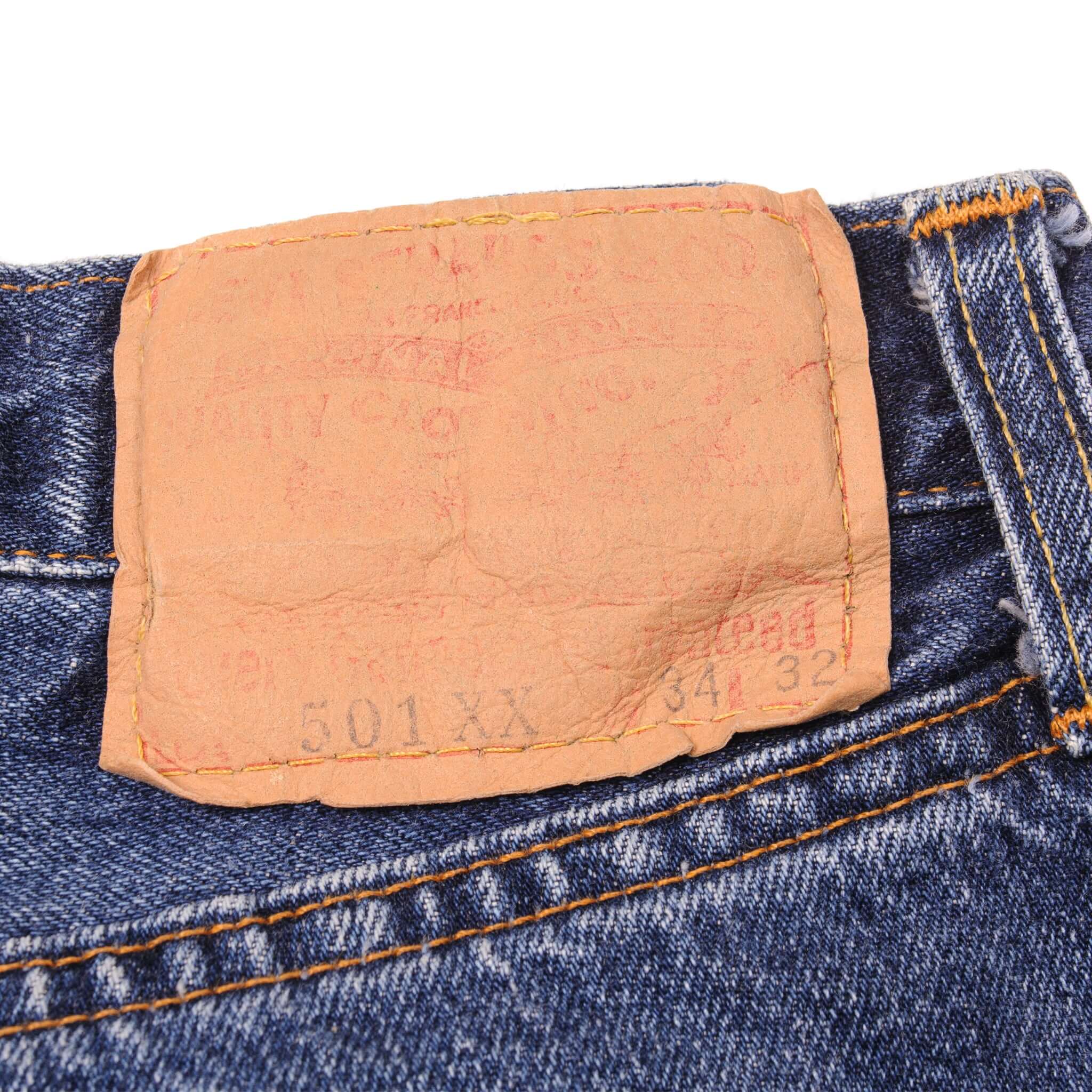 Beautiful Indigo Levis 501 Z XX Jeans With Single Stitch, Hidden Rivet and Selvedge Made in USA with Medium Dark Blue Wash. Size 34X32 on tag actual size 31X29 Back Button #555