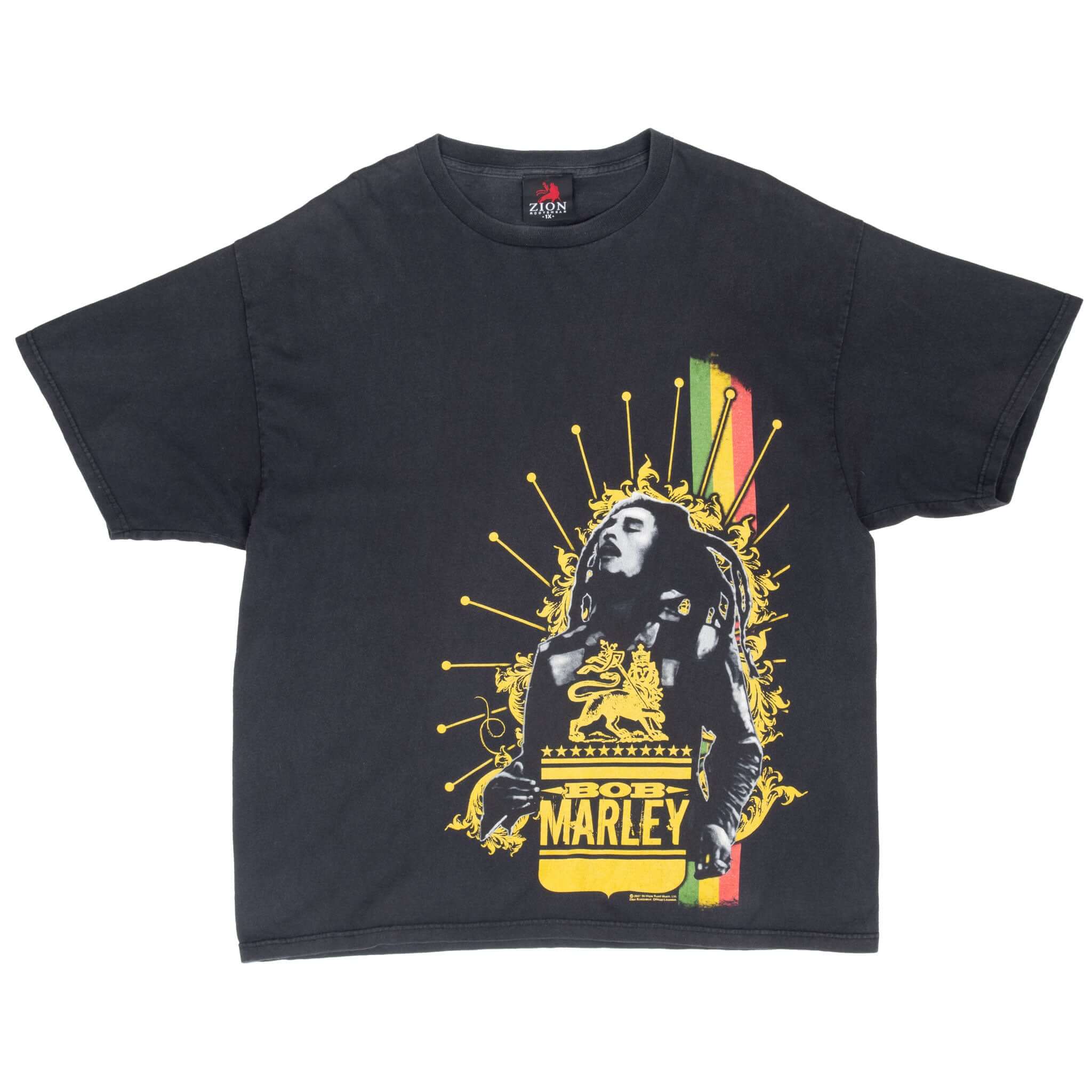 Full front view of black Bob Marley graphic T-shirt