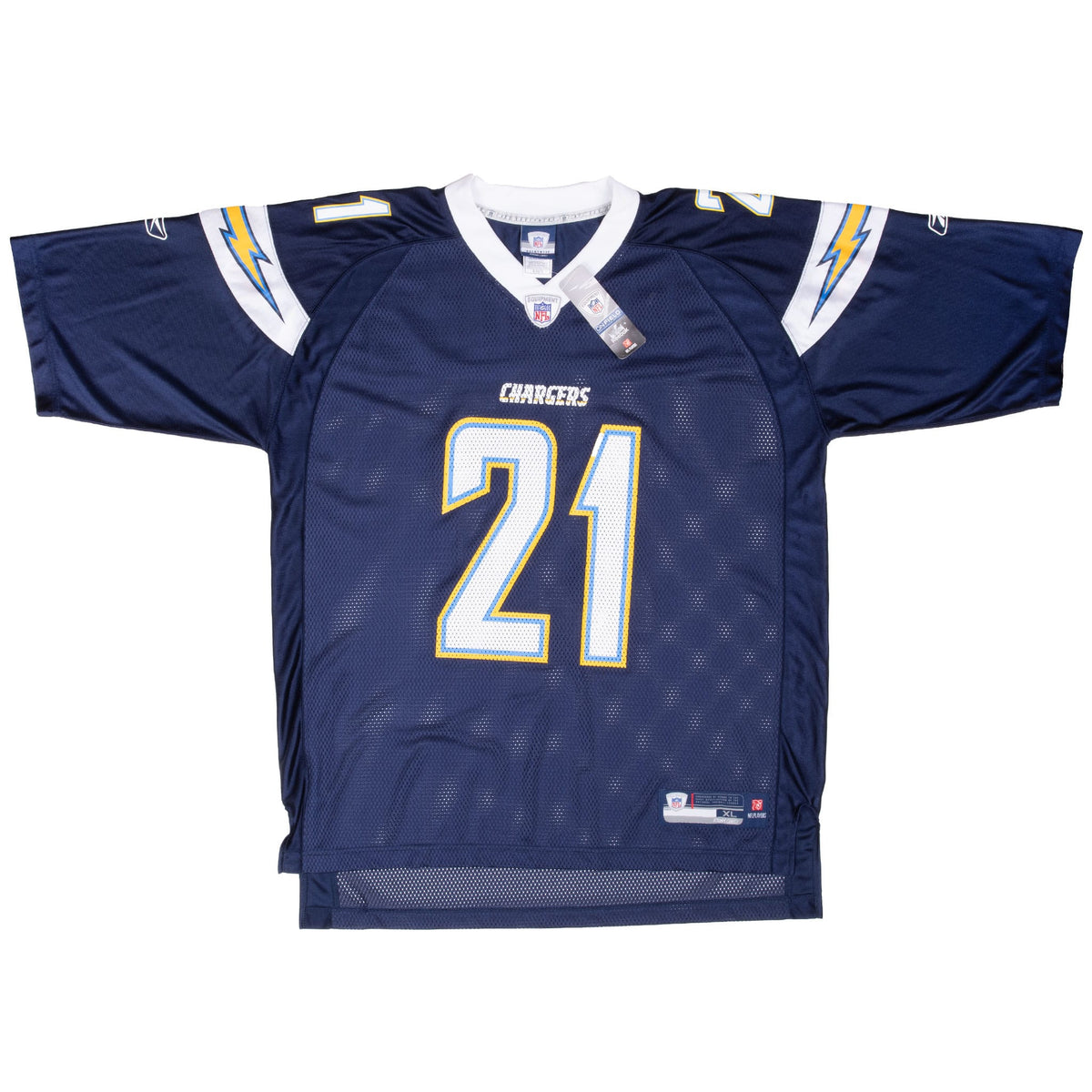 Front of navy San Diego Chargers Tomlinson #21 Reebok jersey with white V-neck