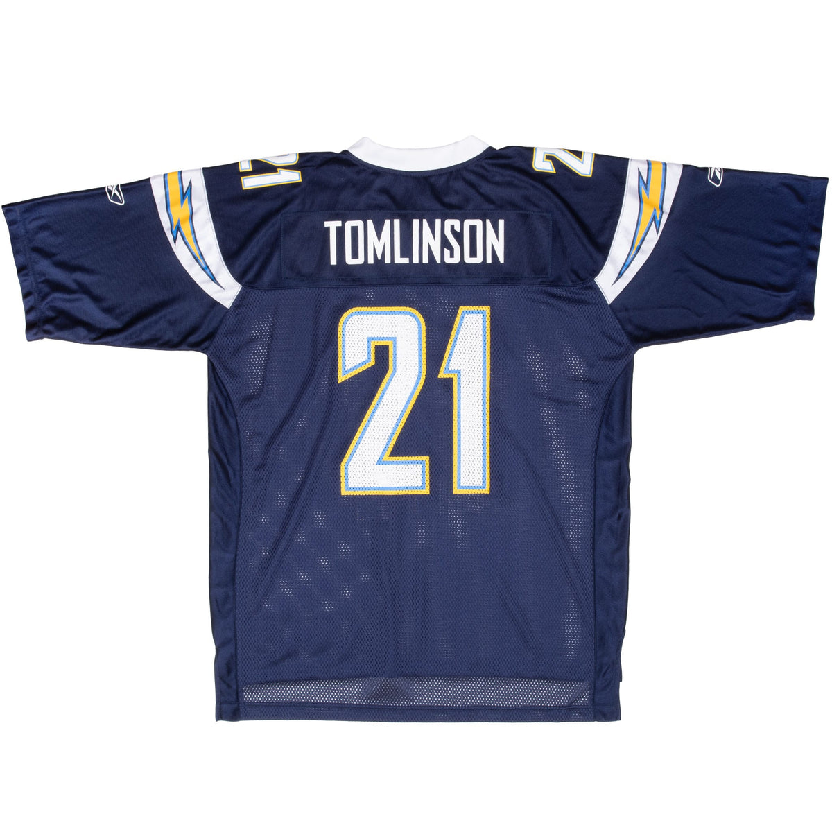Back of navy Chargers jersey with Tomlinson name, number 21 and lightning bolt shoulders