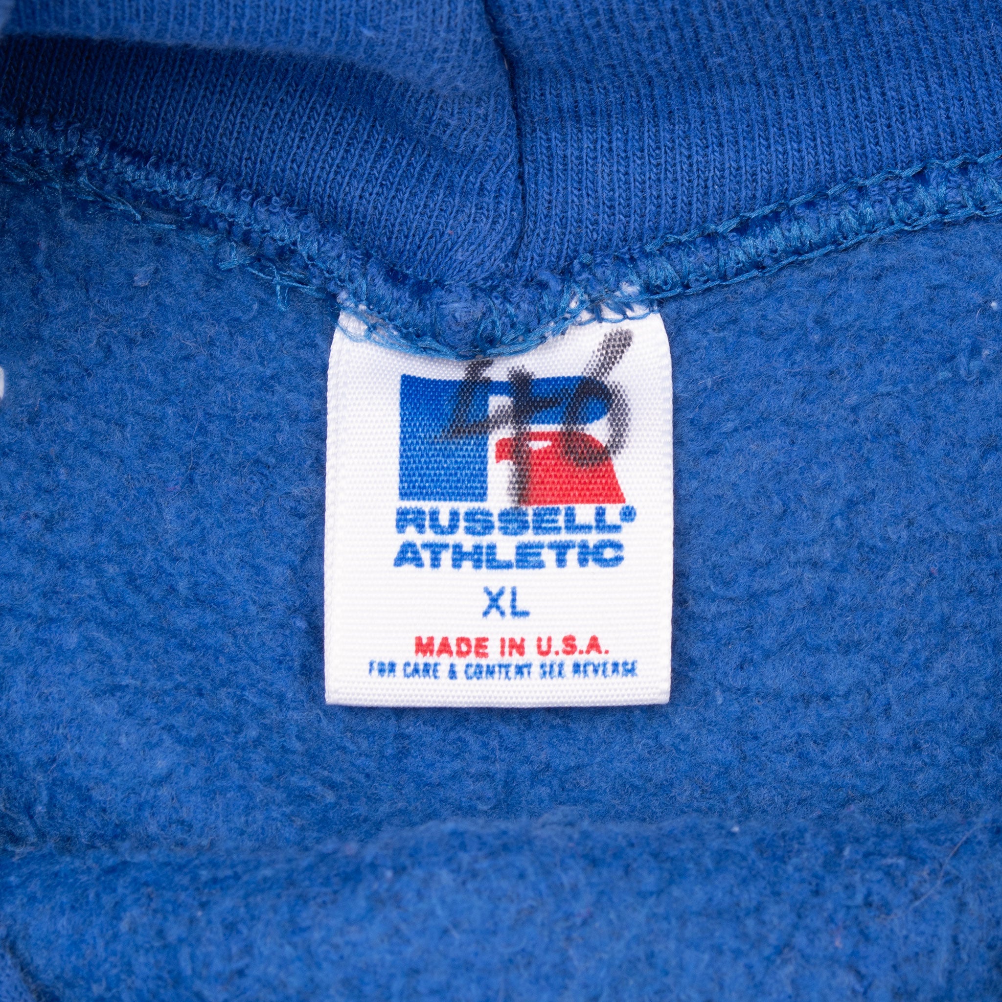 Russell Athletic XL Made in USA neck label inside blue hoodie