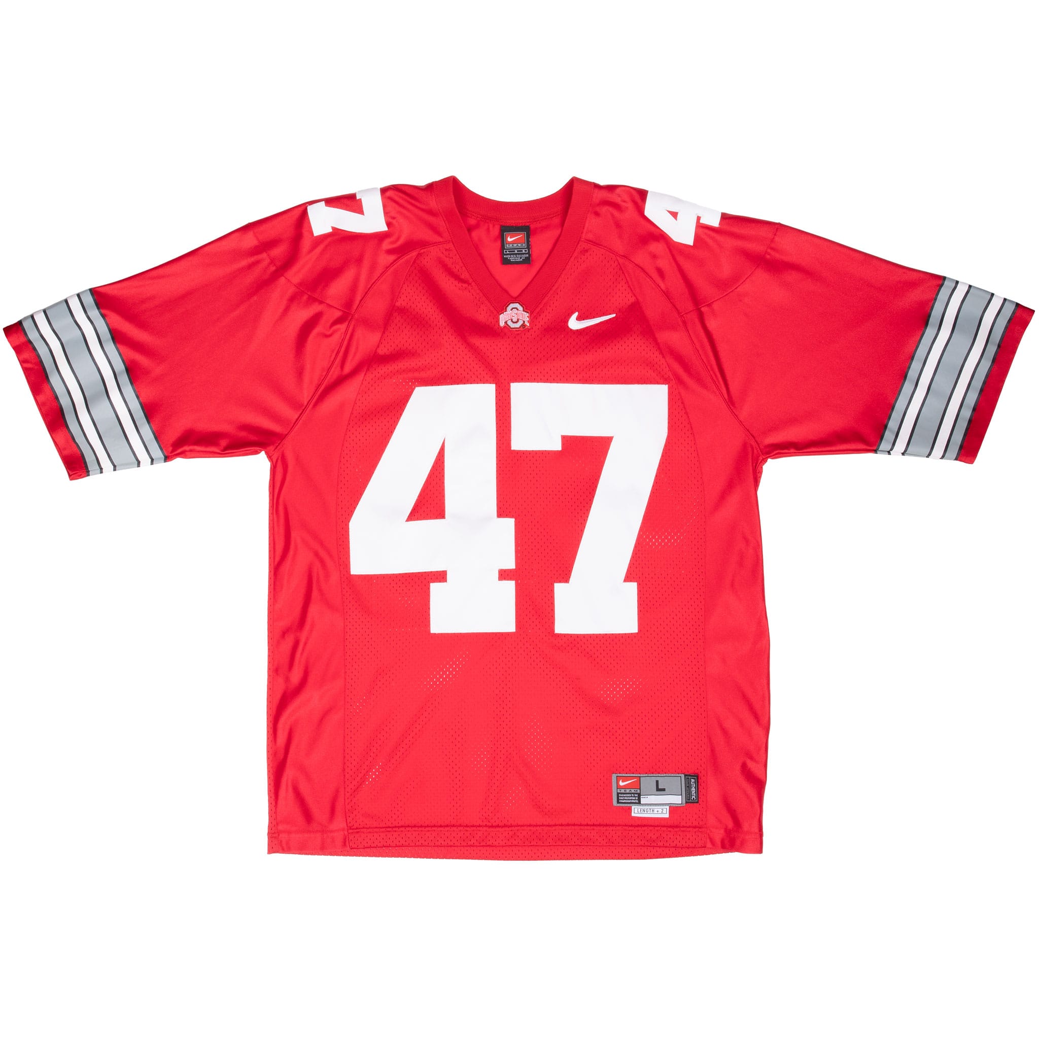 Front of red Nike Ohio State Buckeyes #47 football jersey with striped sleeves