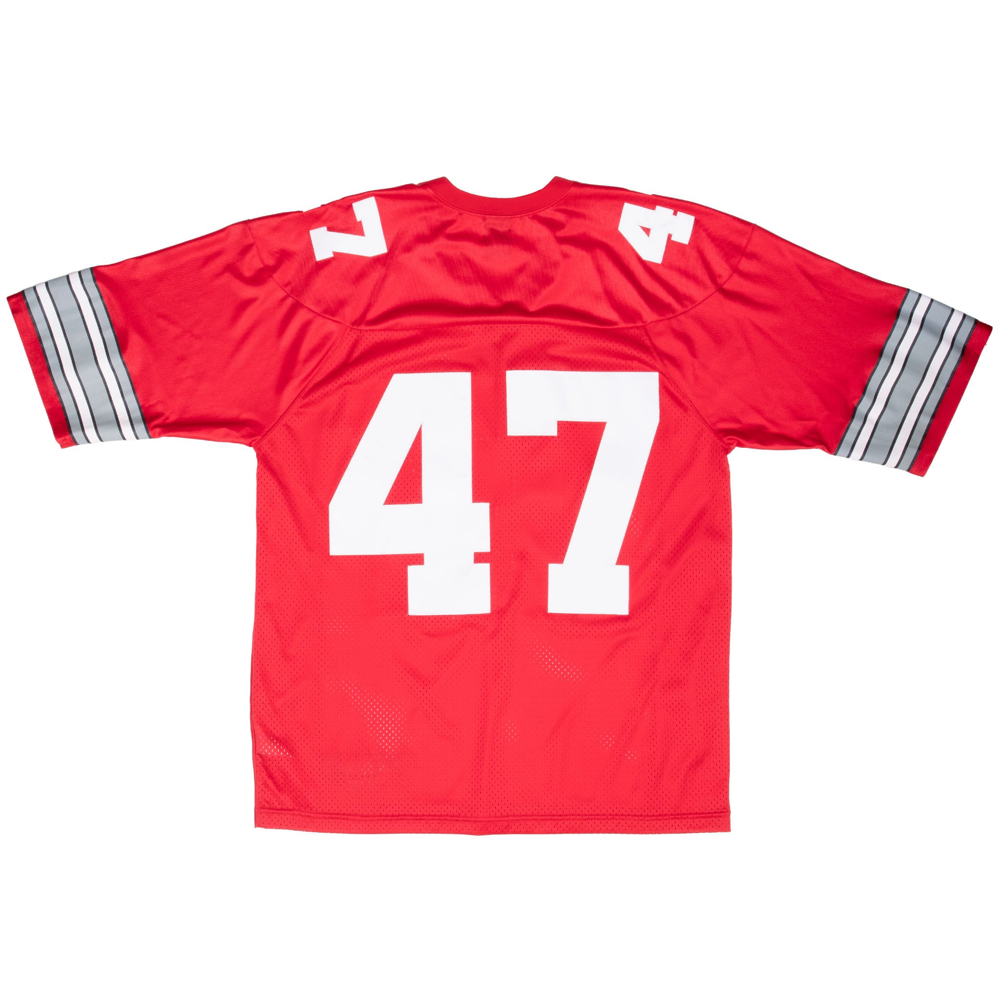 Back of red Ohio State Buckeyes football jersey with white #47 and striped sleeves