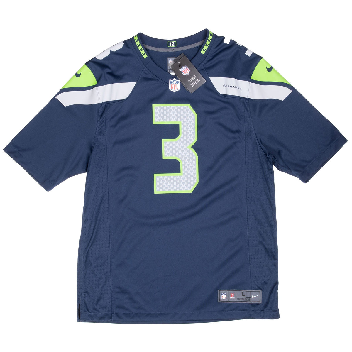 Front of navy Nike Seattle Seahawks Russell Wilson #3 jersey with green and white shoulder graphics