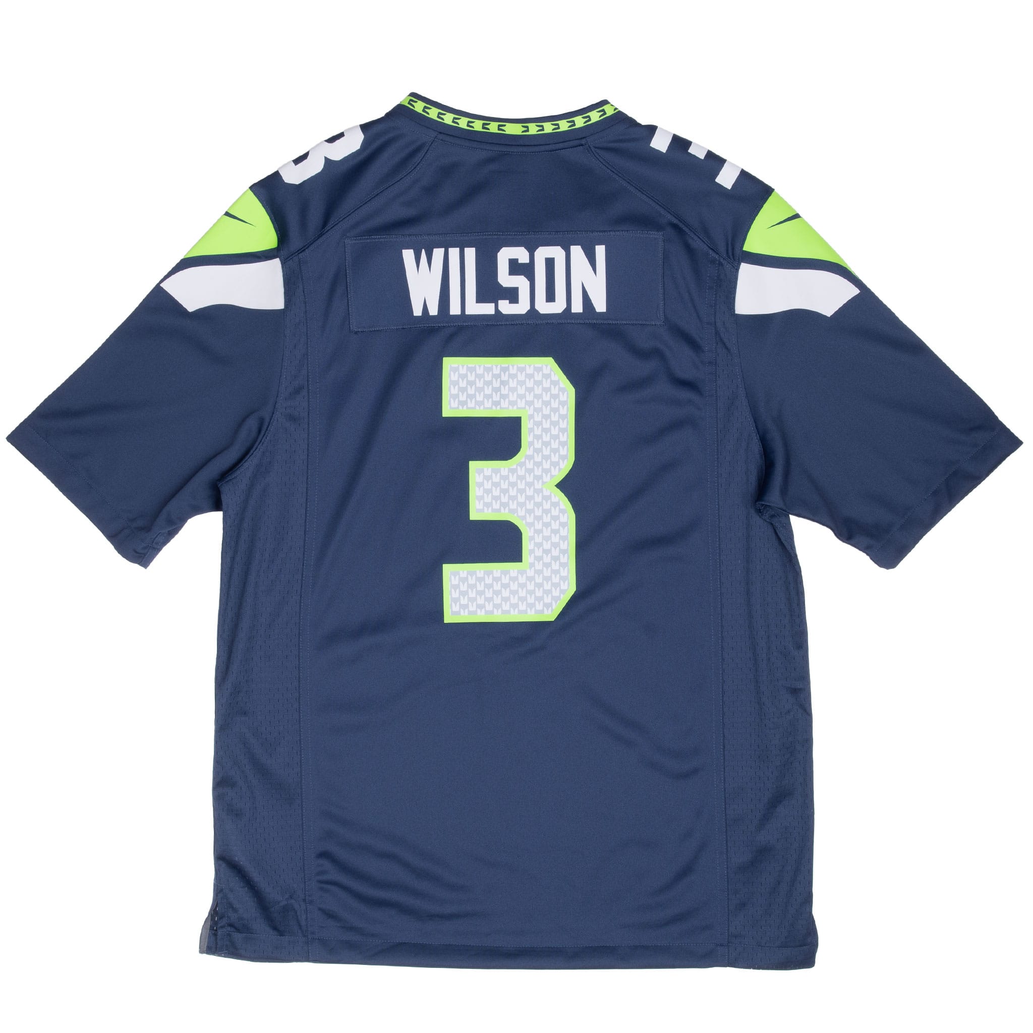 Back of navy Seattle Seahawks jersey with Wilson nameplate and patterned number 3