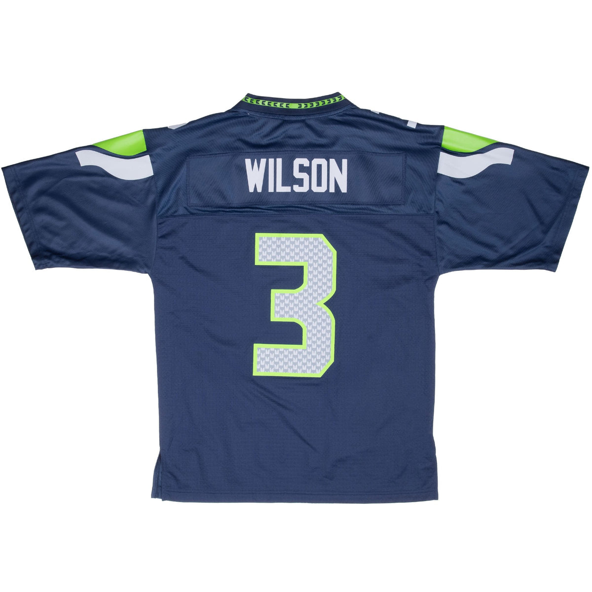 Back of navy Seattle Seahawks jersey with Wilson name and number 3