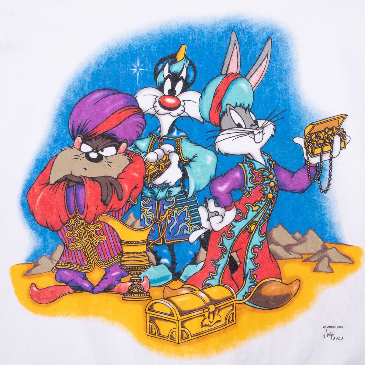 Looney Tunes graphic detail showing Taz, Sylvester and Bugs Bunny dressed as genies