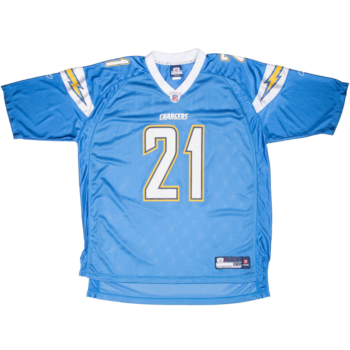 Front of powder blue Chargers LaDainian Tomlinson Reebok jersey with number 21 and lightning bolt sleeves