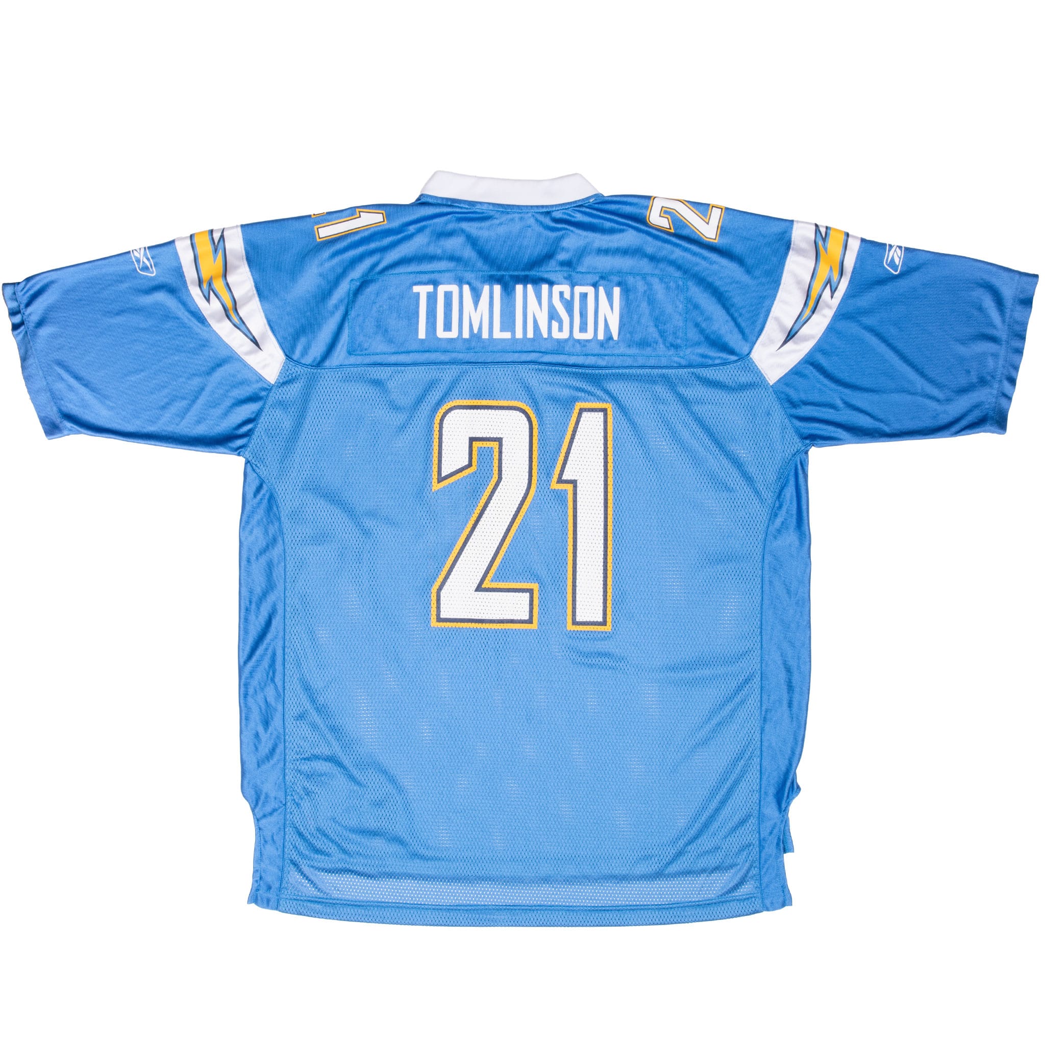 Back of powder blue Chargers jersey with Tomlinson name, number 21 and lightning bolt sleeves