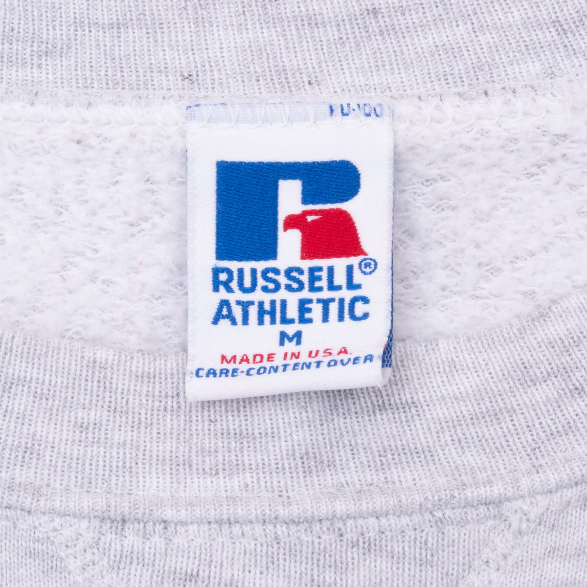Russell Athletic medium Made in USA neck tag inside gray sweatshirt