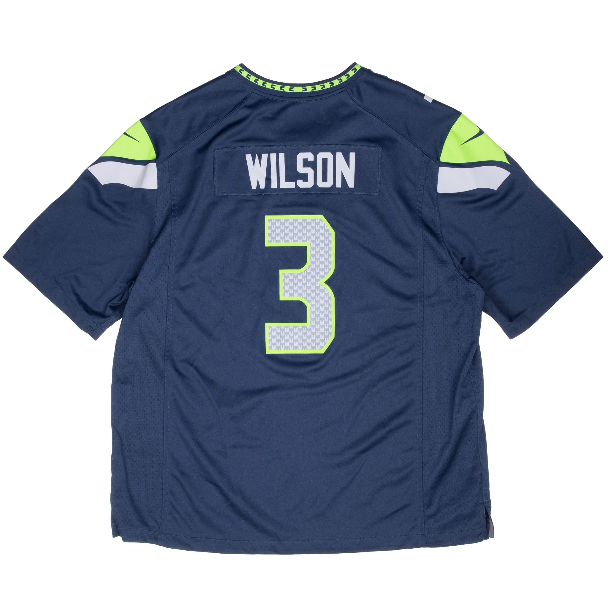 Back of navy Seattle Seahawks jersey with Wilson name and number 3