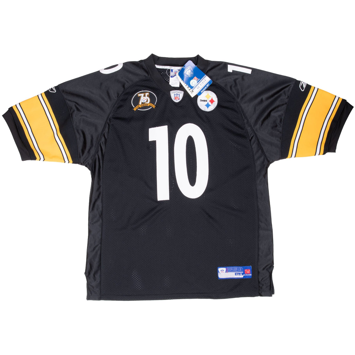 Full front of black Steelers #10 jersey with gold striped sleeves, chest patches, and tags