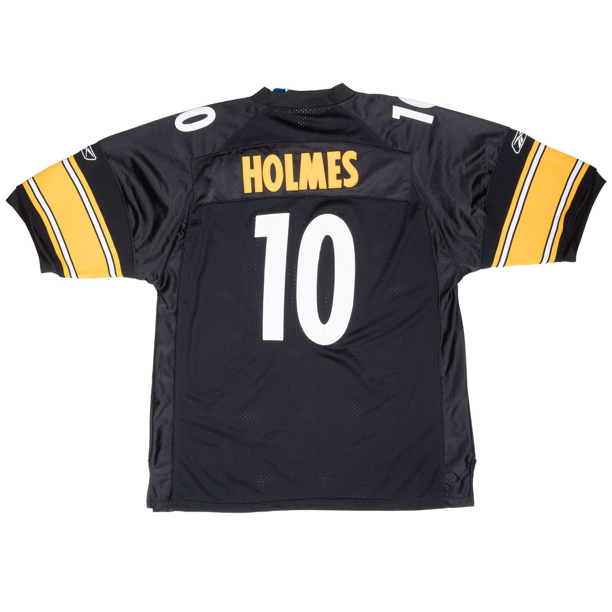 Back of black Pittsburgh Steelers jersey with gold Holmes nameplate and white number 10