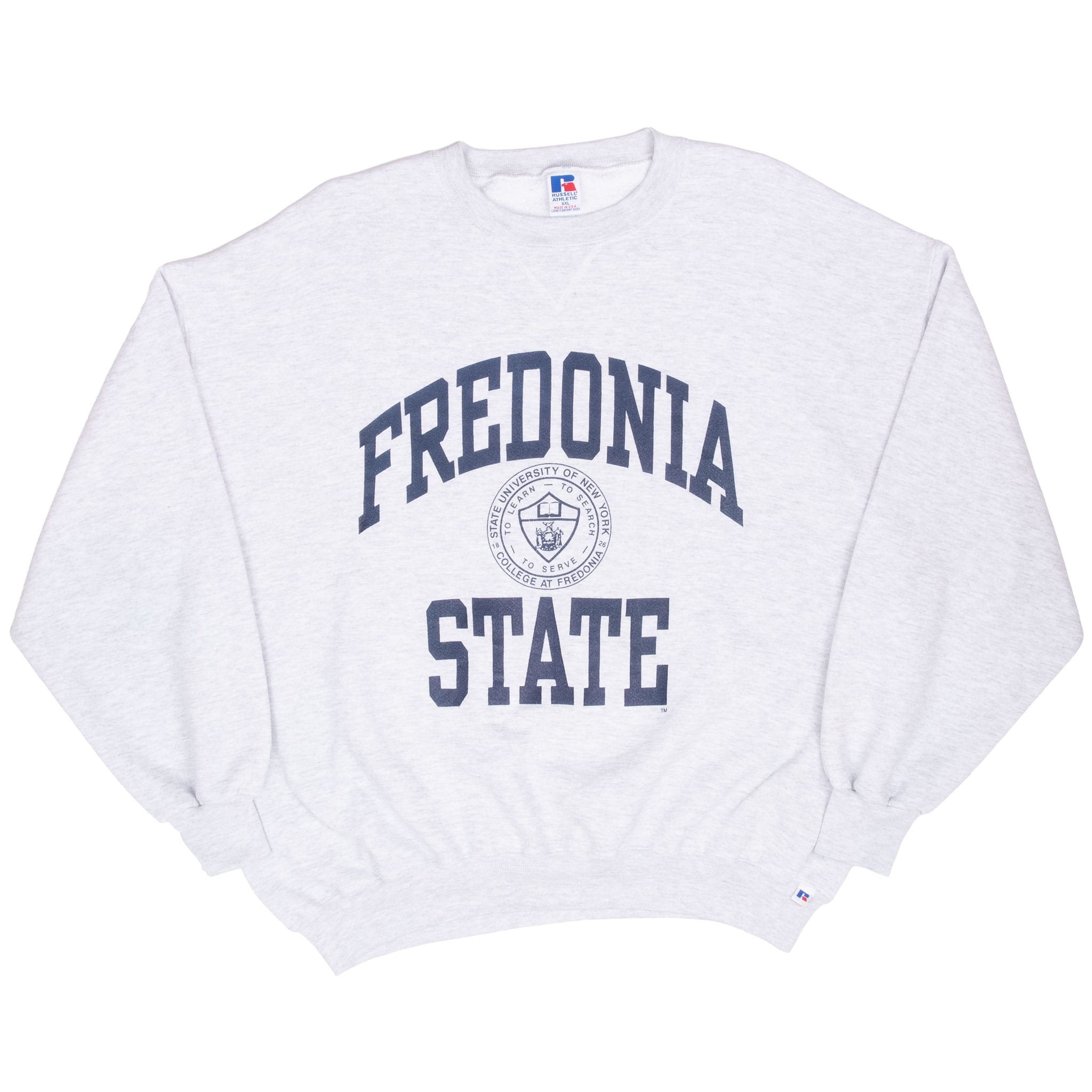Full front view of light gray Fredonia State Russell Athletic crewneck sweatshirt