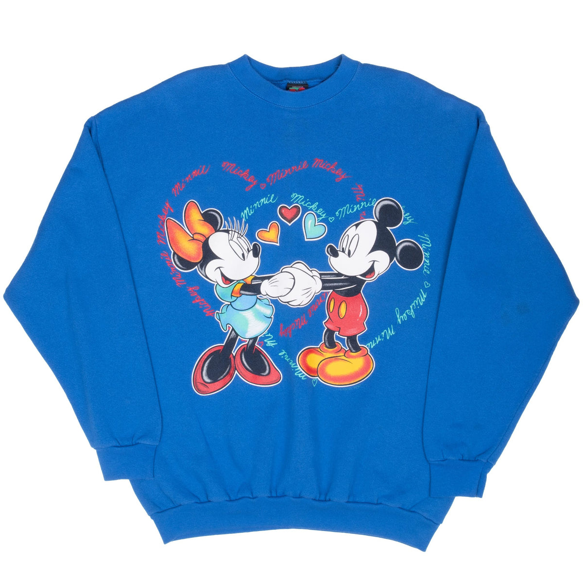 Full front view of blue Disney crewneck sweatshirt with Mickey and Minnie Mouse graphic
