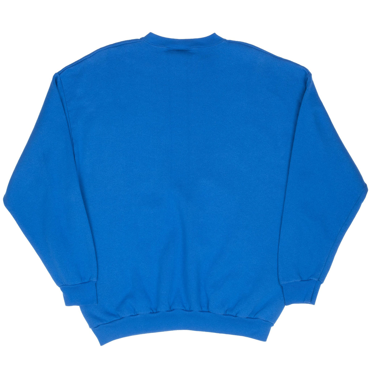 Back of plain blue Disney crewneck sweatshirt with ribbed cuffs and waistband