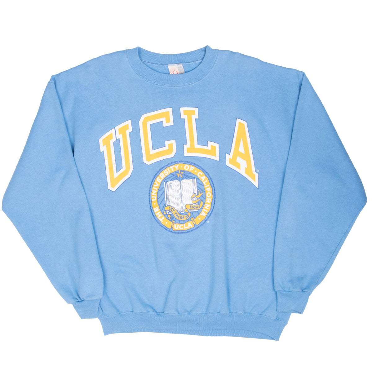 Full front view of blue UCLA crewneck sweatshirt with collegiate graphic and ribbed trim