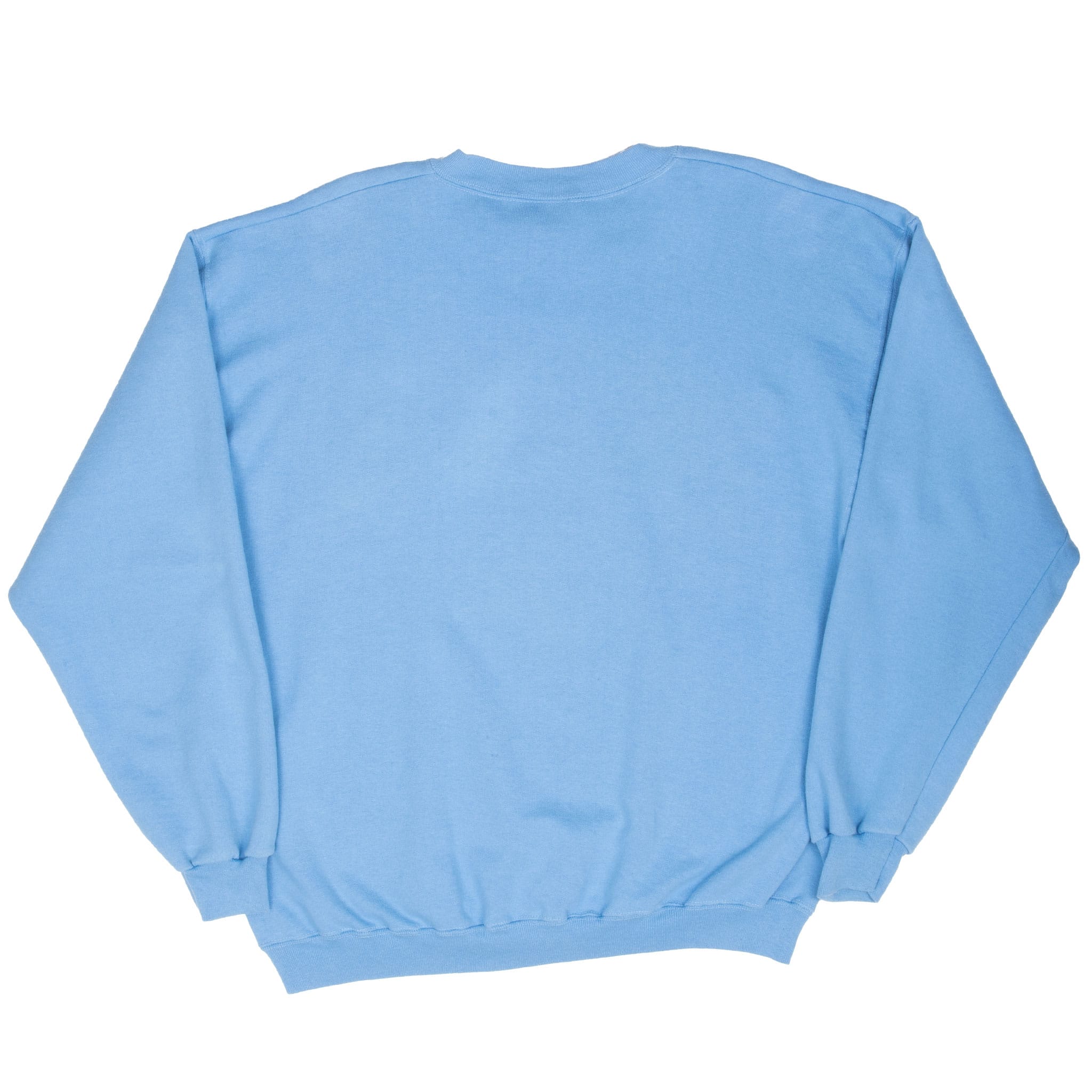 Back of blue UCLA crewneck sweatshirt with plain design and ribbed cuffs and hem