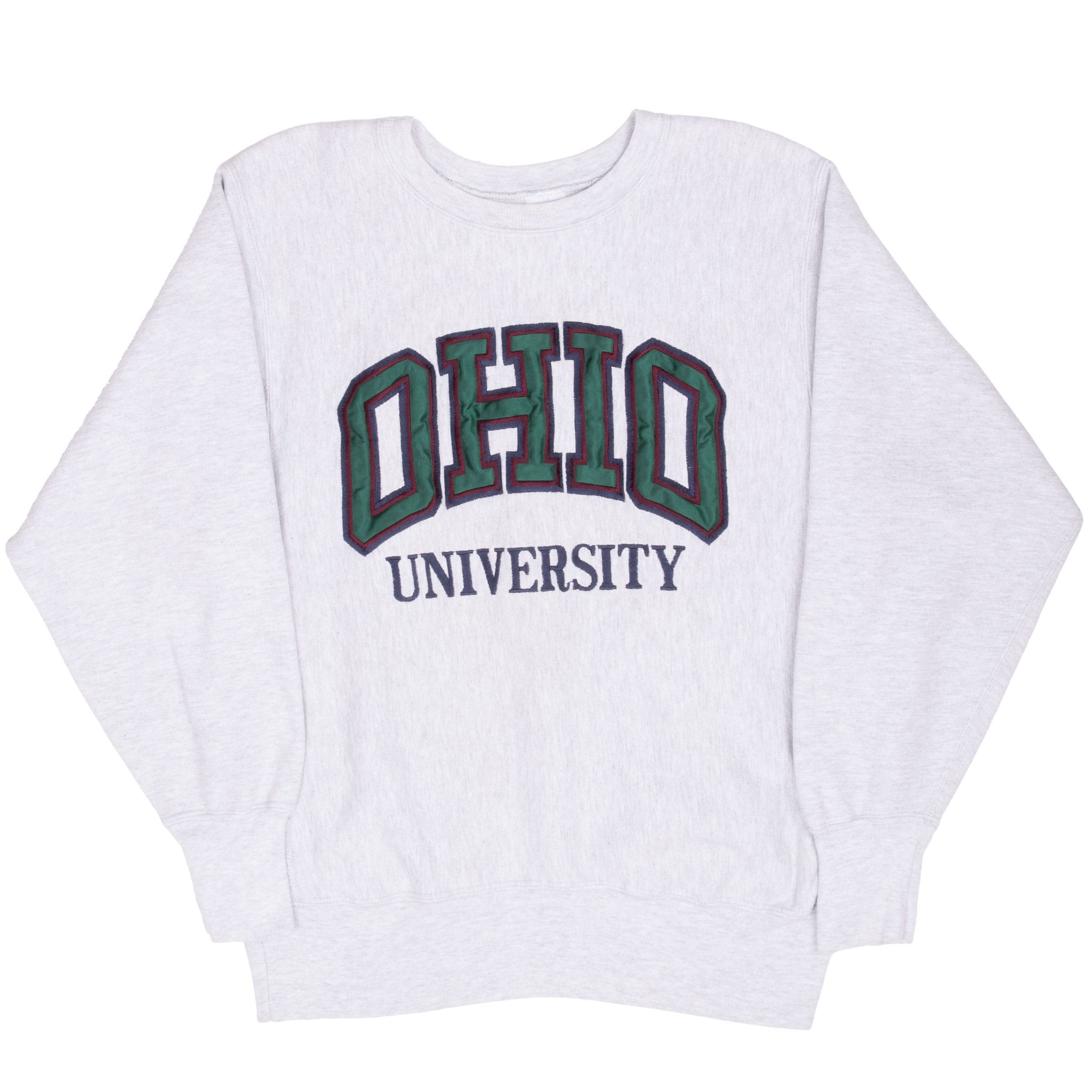 Full front view of gray Champion Ohio University crewneck sweatshirt
