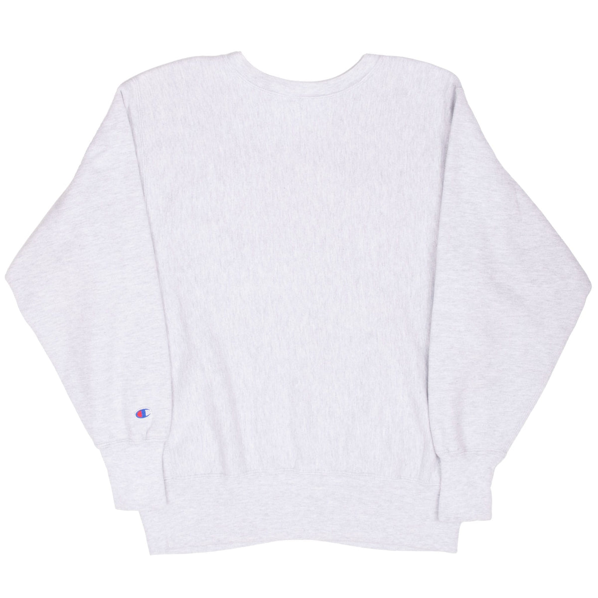 Back of gray Champion Reverse Weave sweatshirt with sleeve logo