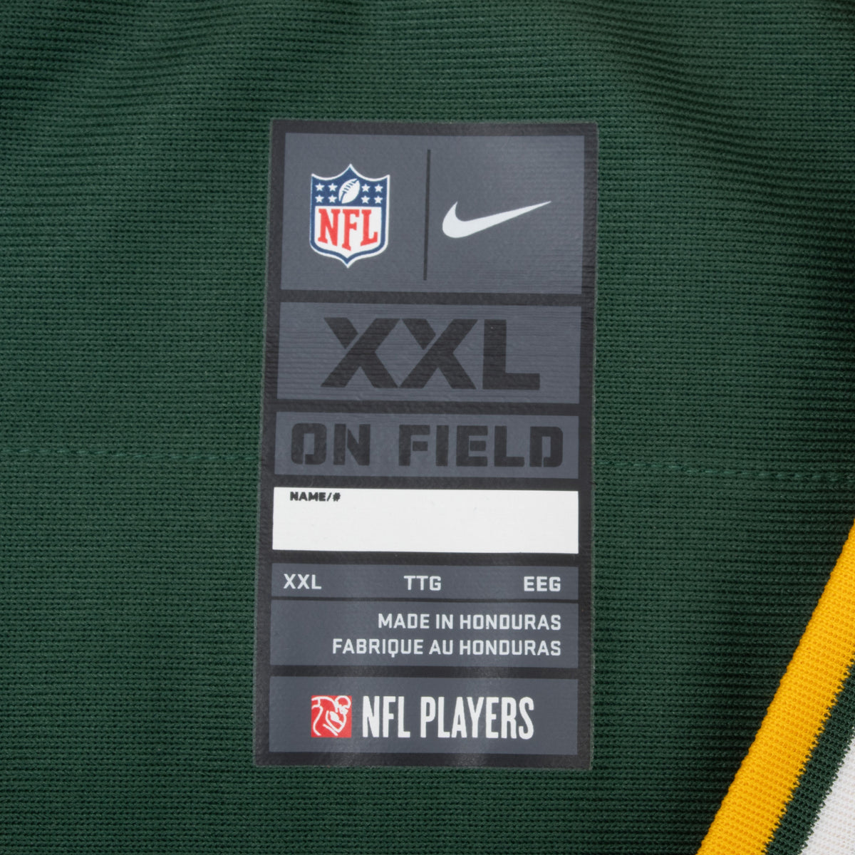 Nike NFL On Field XXL printed label inside green Packers jersey