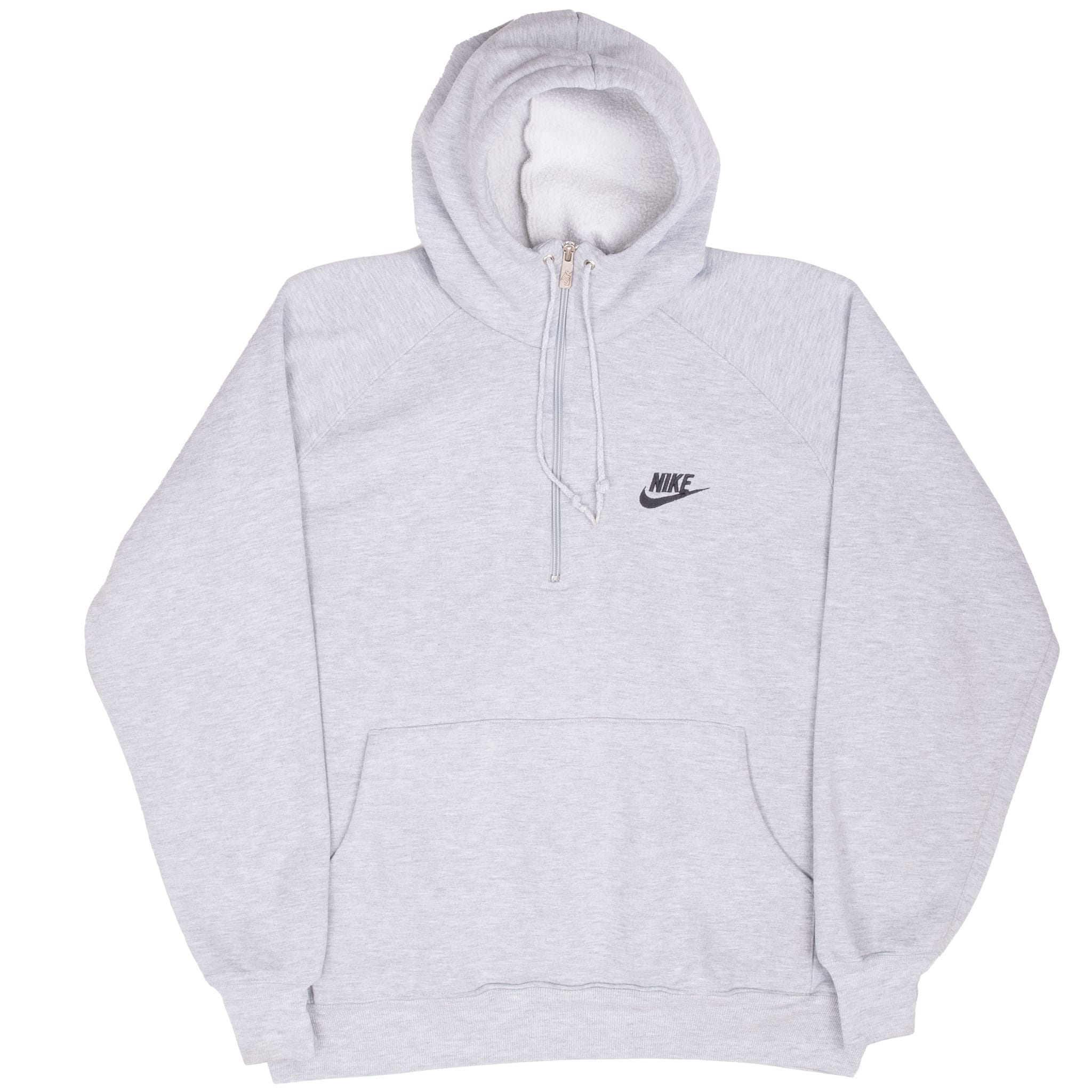 Front view of grey Nike half-zip hoodie with raglan sleeves, chest logo and pouch pocket