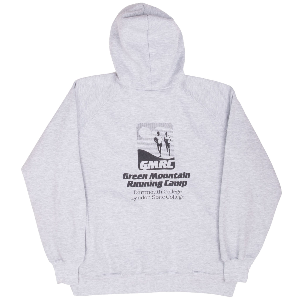Back of grey hoodie with Green Mountain Running Camp graphic and college lettering