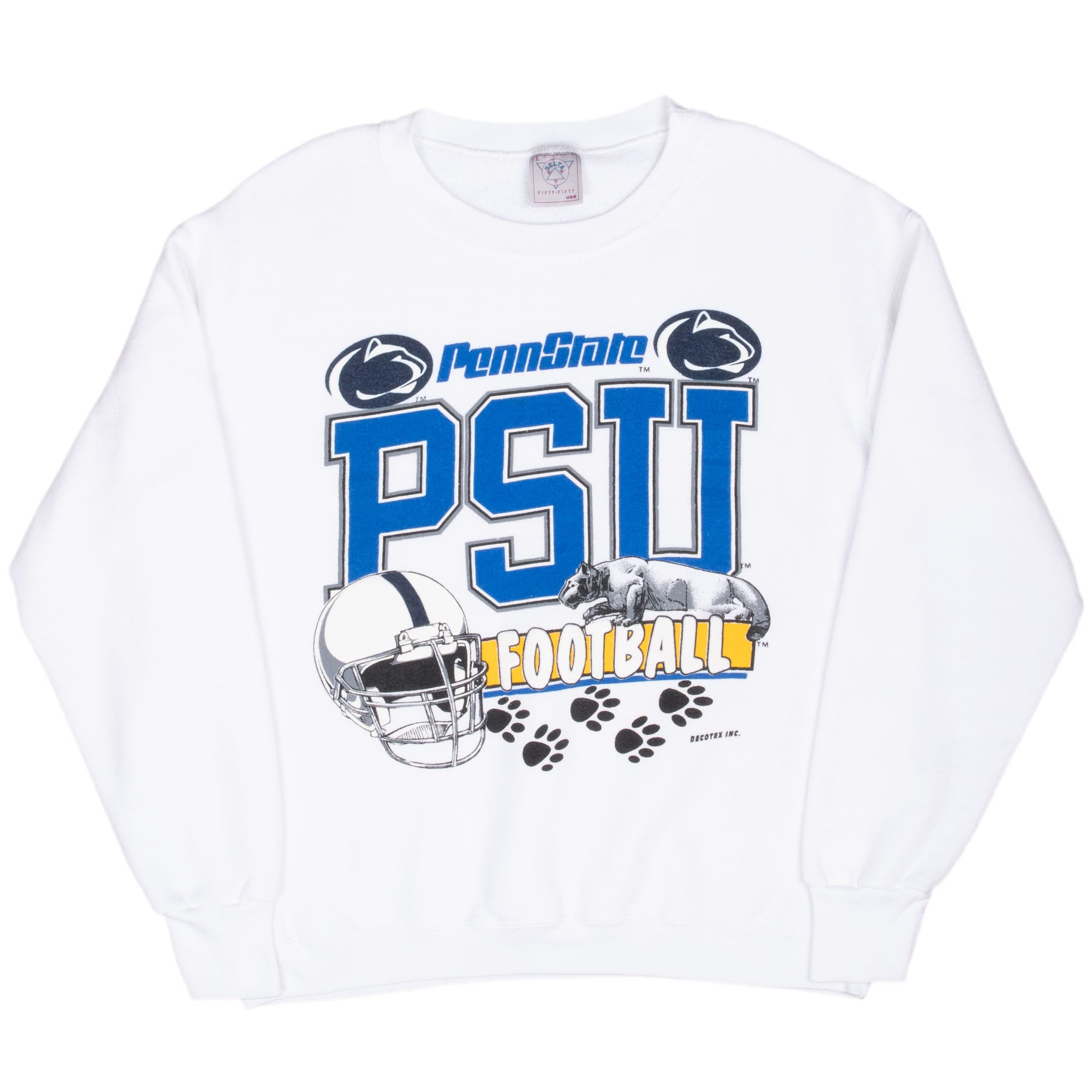 Full front view of white Penn State sweatshirt with PSU football graphic