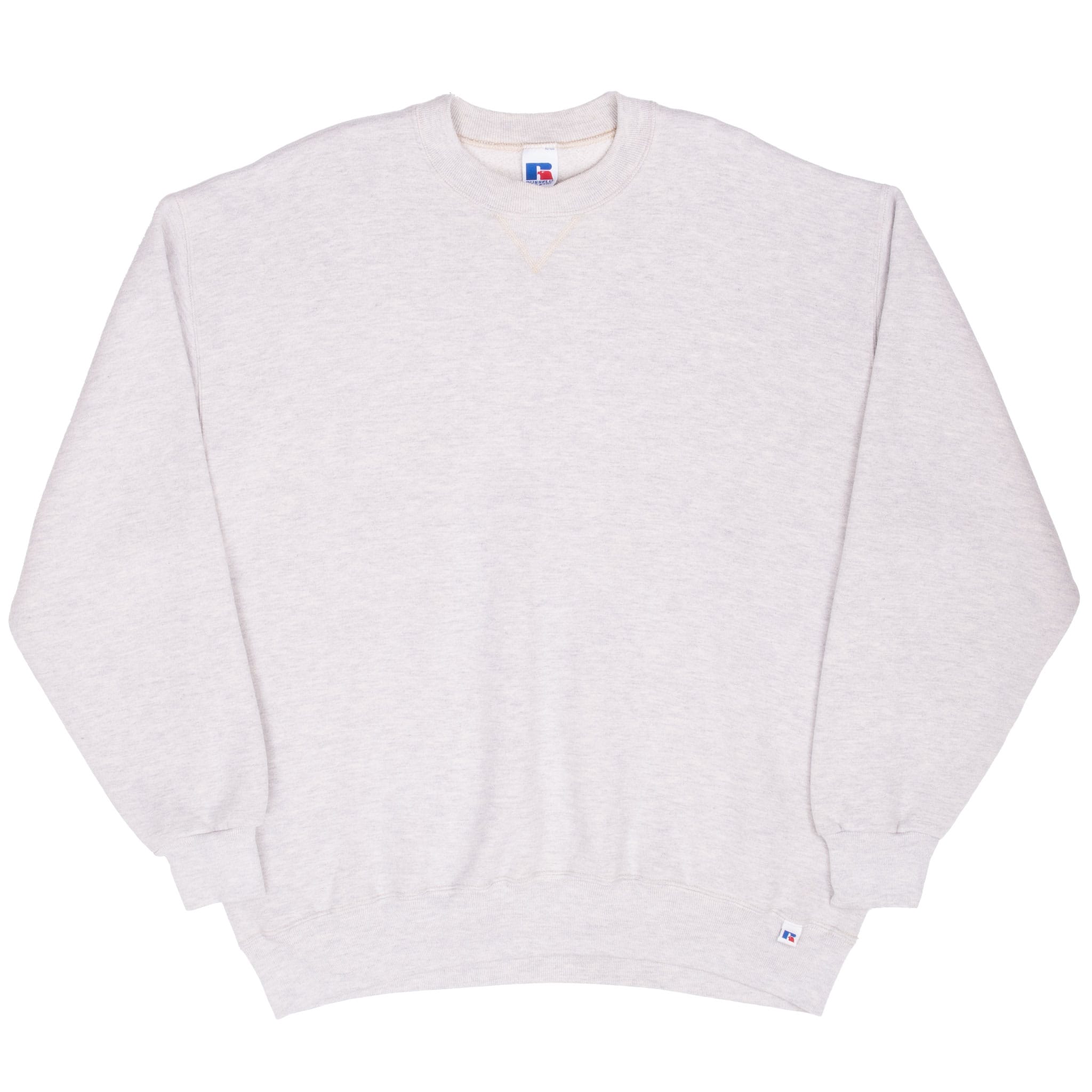 Full front view of blank grey Russell Athletic crewneck sweatshirt