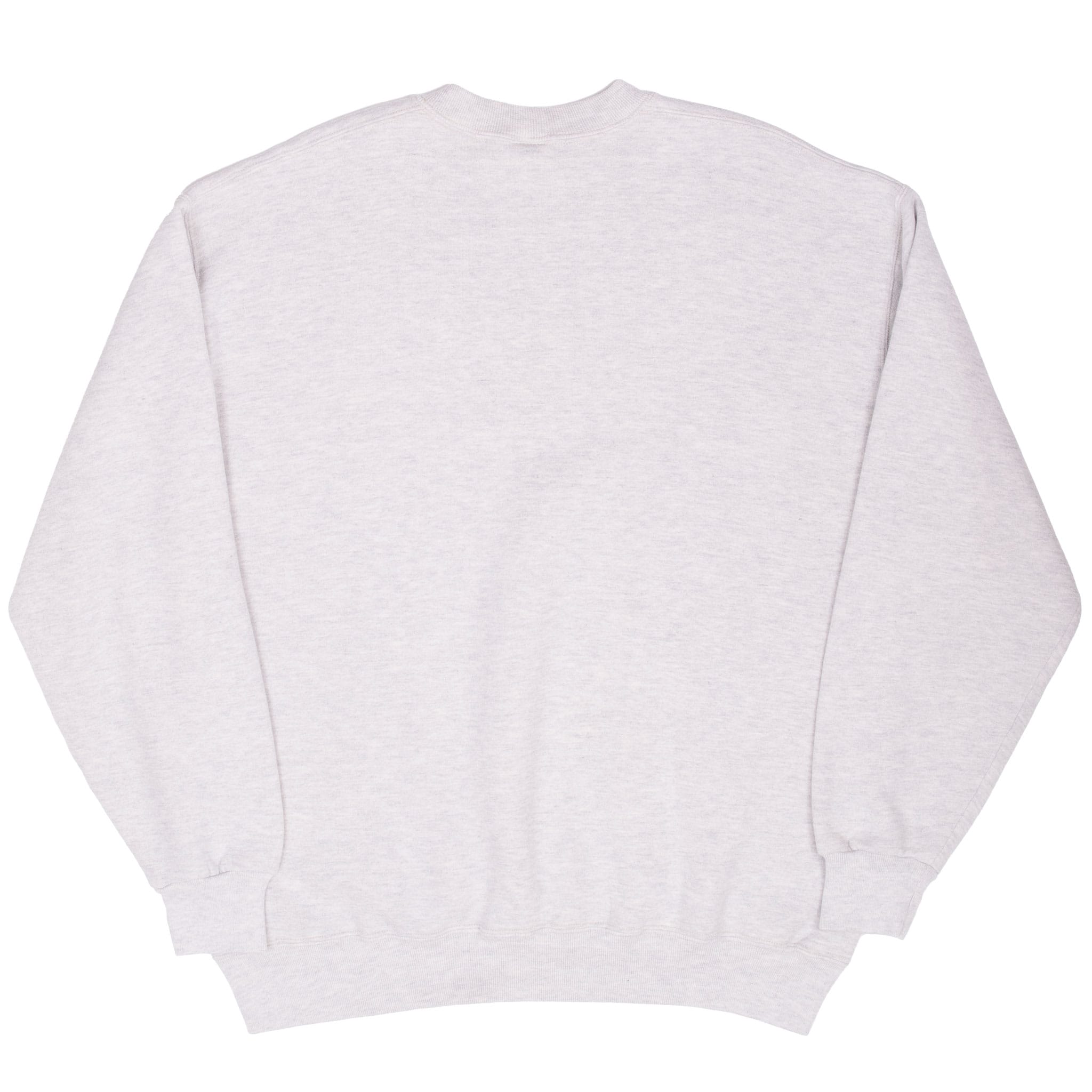 Back of blank grey Russell Athletic crewneck sweatshirt with ribbed cuffs and hem