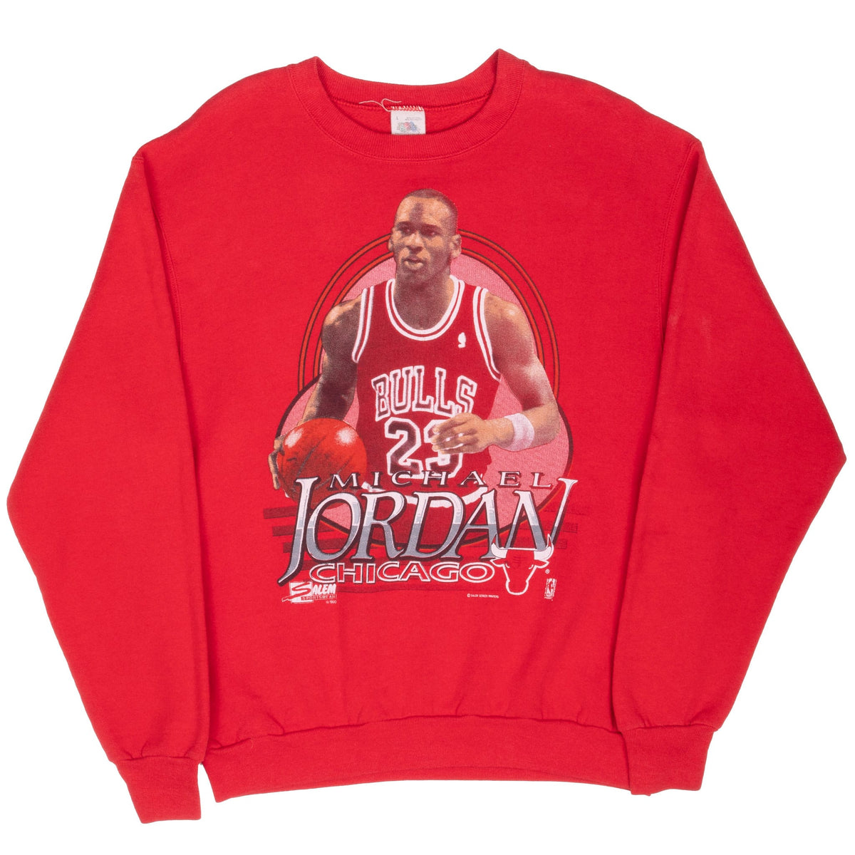 Full front view of red Michael Jordan Chicago Bulls crewneck sweatshirt