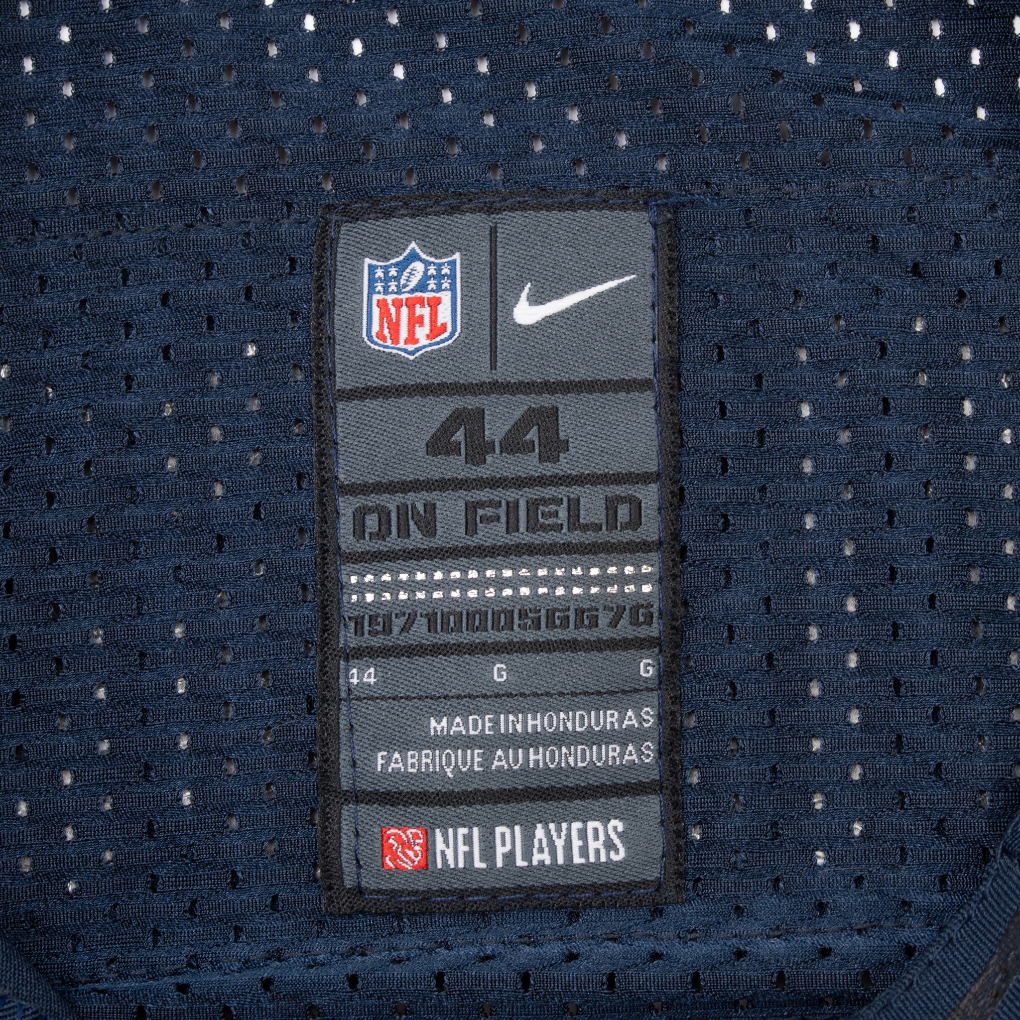 Nike NFL jersey neck label showing size 44 and On Field branding