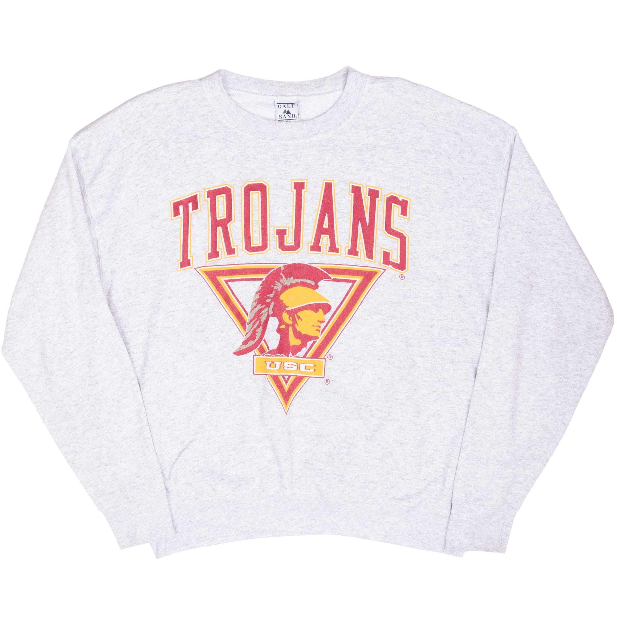 Front of grey USC Trojans crewneck sweatshirt with cardinal-and-gold graphic