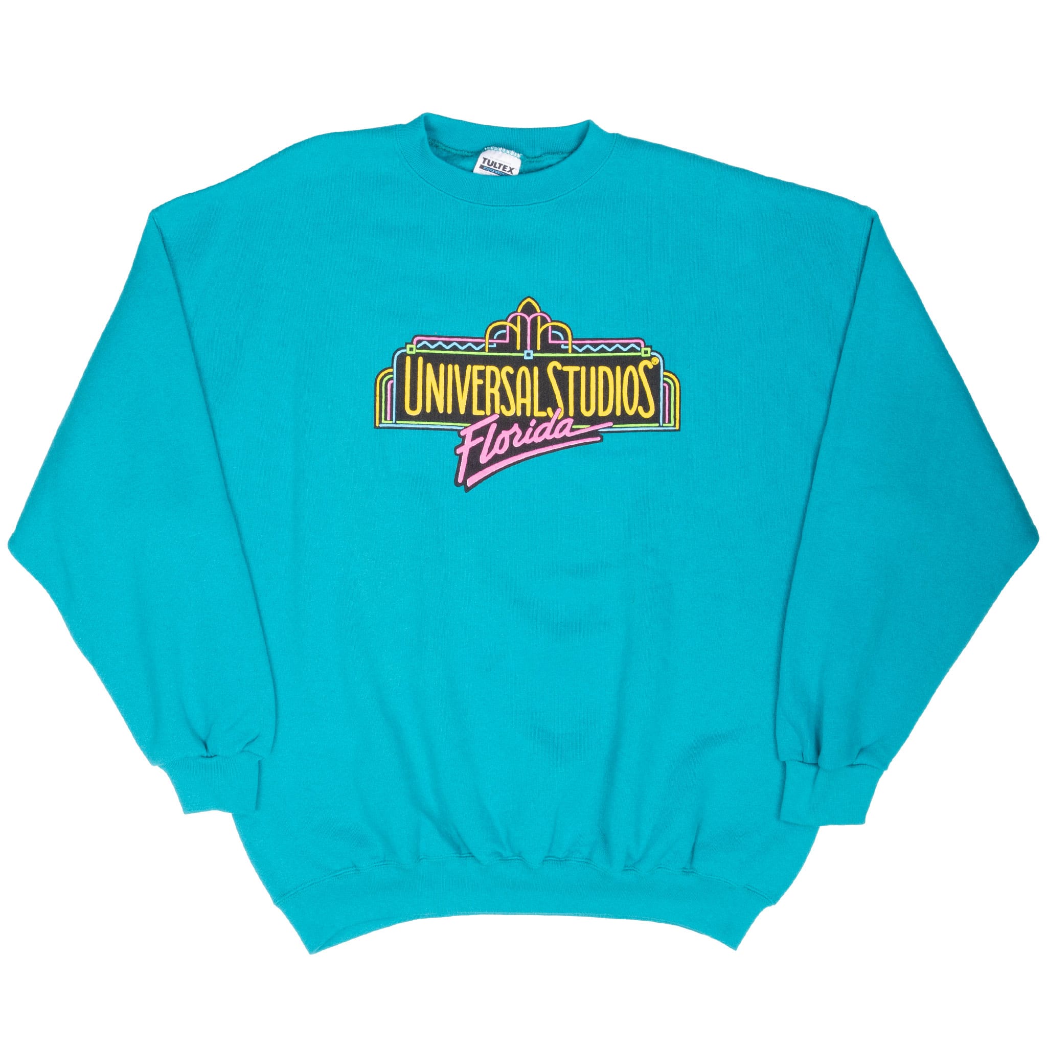 Full front view of teal Universal Studios Florida crewneck sweatshirt