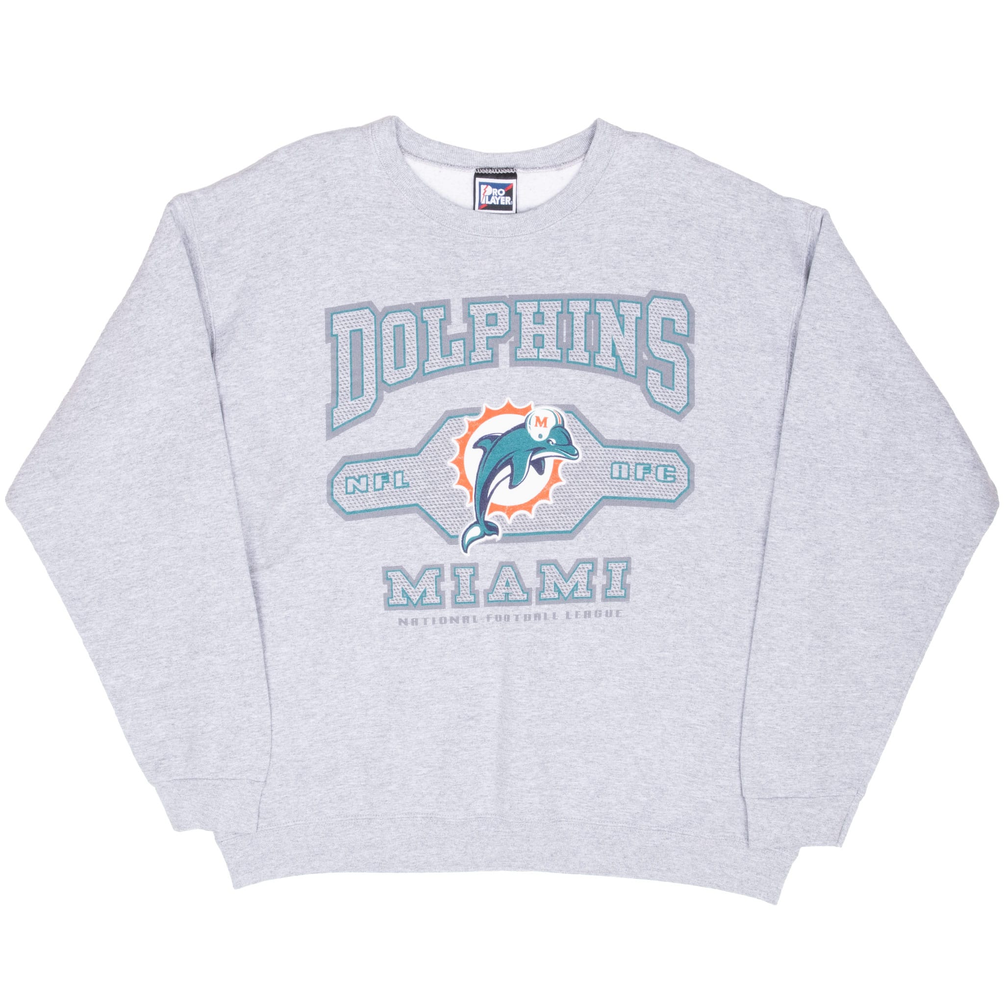 Full front view of grey Miami Dolphins sweatshirt with logo and arched team lettering