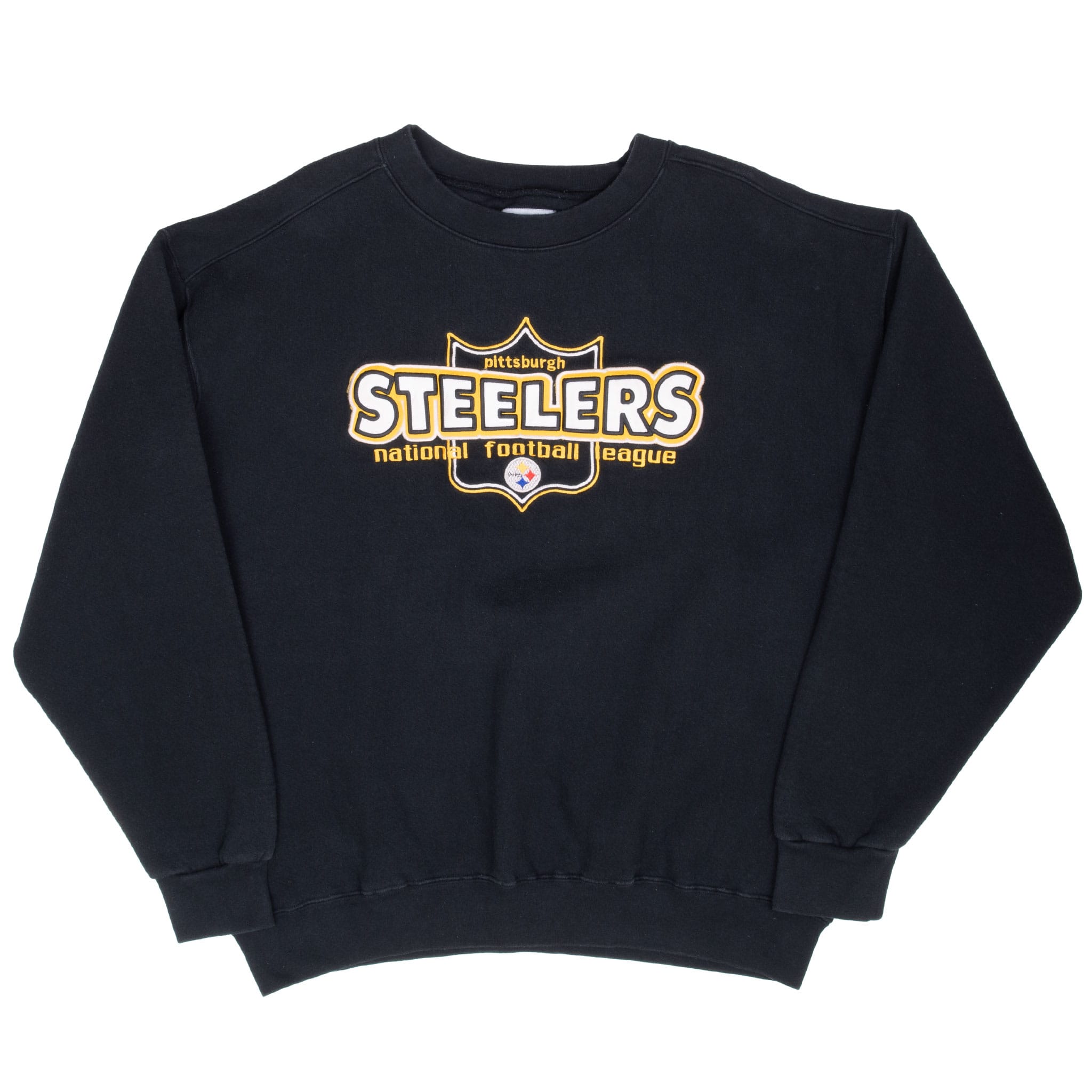 Full front of black Pittsburgh Steelers crewneck sweatshirt with embroidered team design